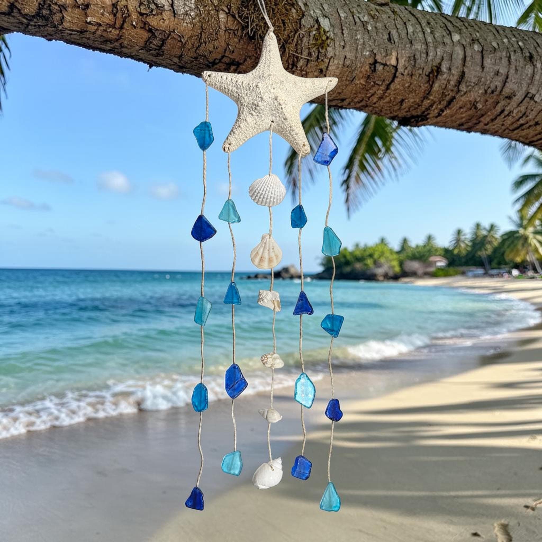 Handmade Sea Glass Wind Chime with Starfish & Shells | Coastal Beach Decor | Nautical Wall Hanging | Ocean Inspired Gift | Boho Wind Chimes