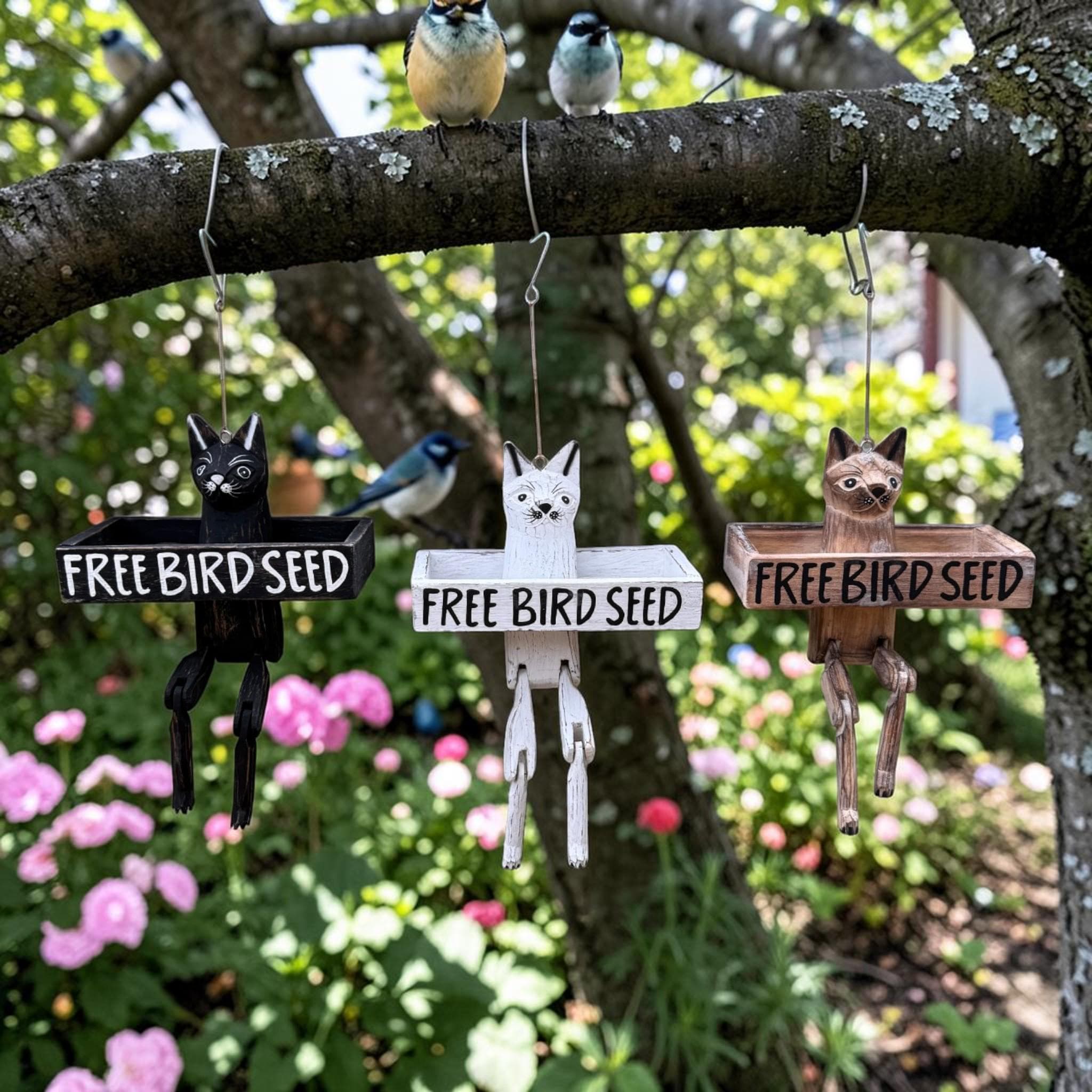 Funny Cat Wooden Bird Feeder – “Free Bird Seed” Rustic Garden Decor