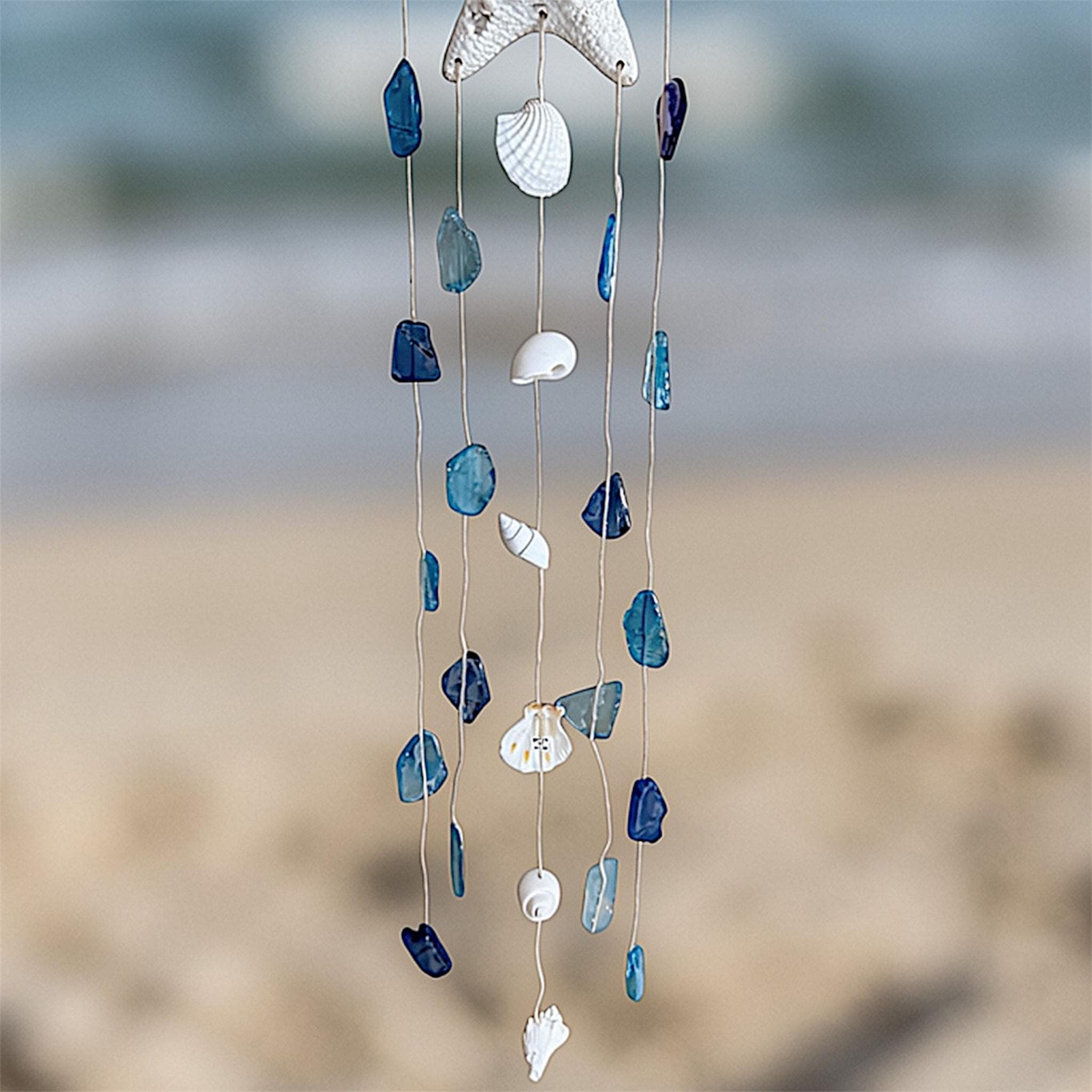 Handmade Starfish, Shell, Sea Glass Wind Chime – Bali Coastal Decor, Ocean Inspired 21" - Thumbnail 2