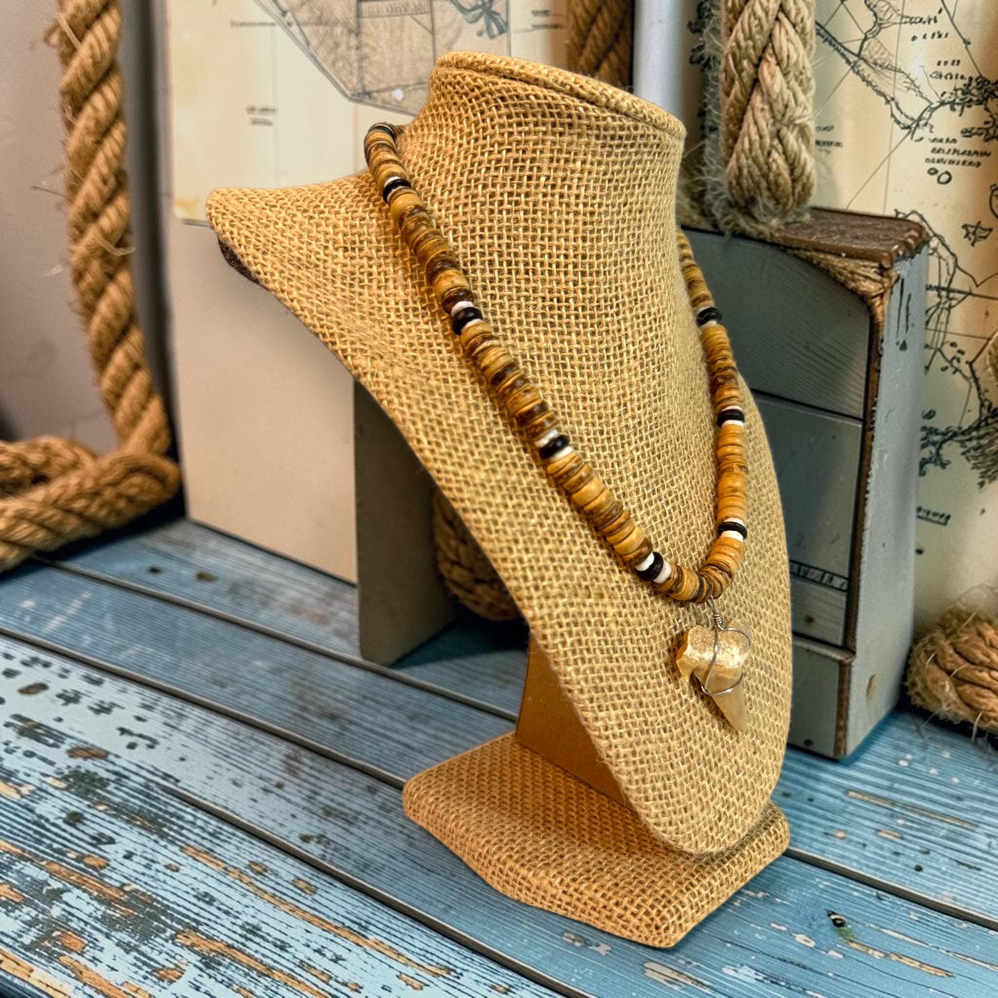 Shark Tooth Necklace | 18" Coastal Boho Shell Bead Surf Pendant - Thumbnail 3