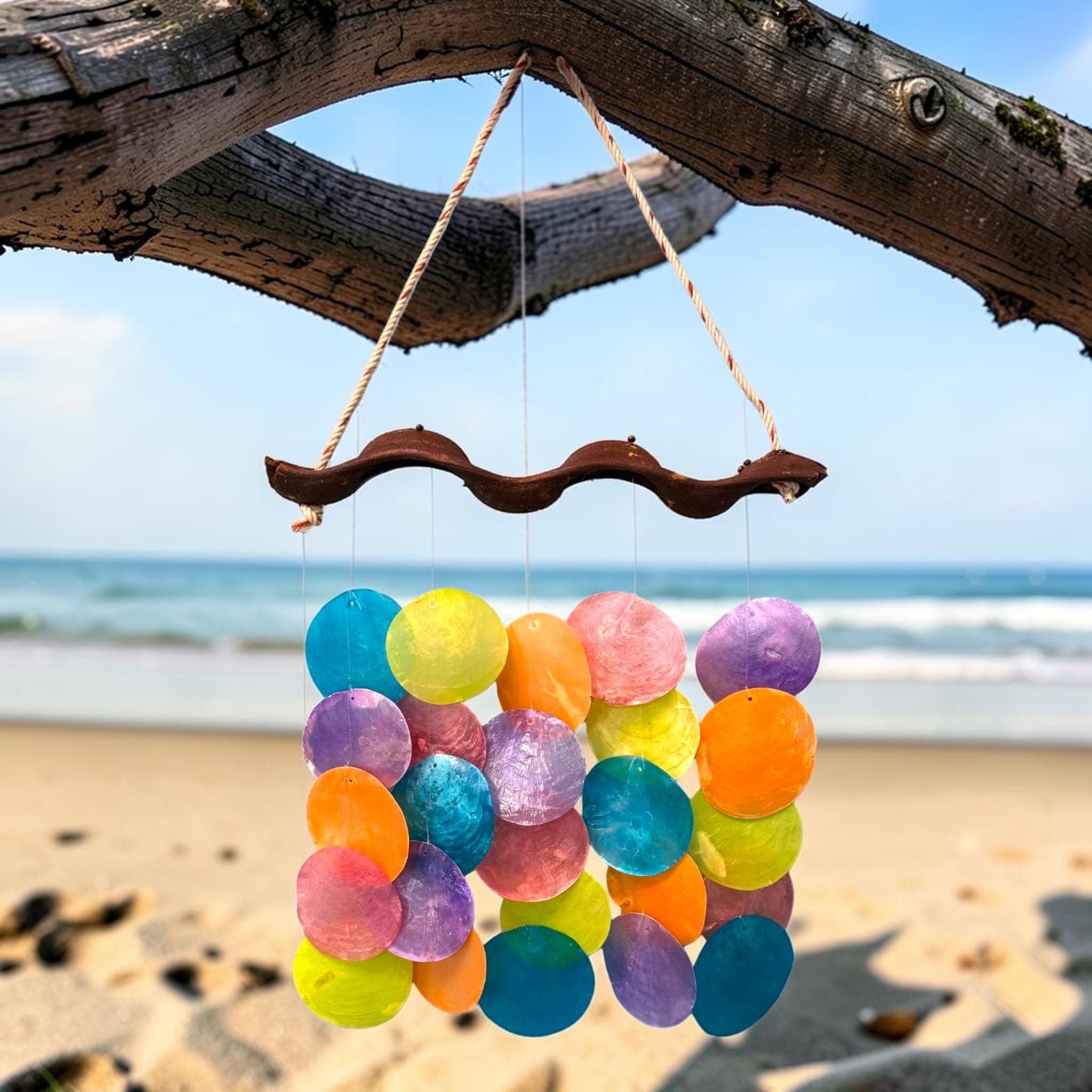 Rainbow Capiz Shell Wind Chime – Handmade Coastal Decor, Boho Tropical Mobile