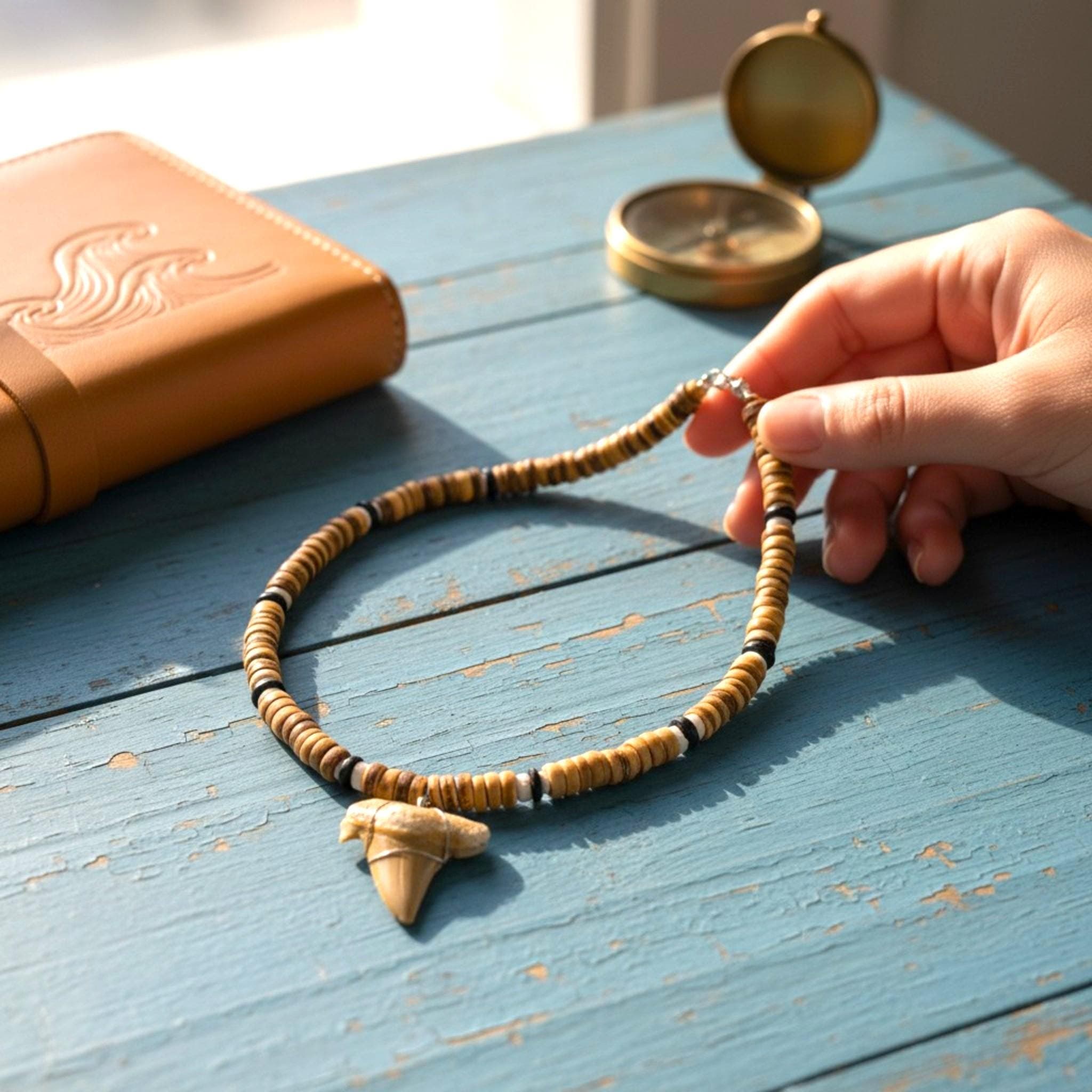 Shark Tooth Necklace | 18" Coastal Boho Shell Bead Surf Pendant