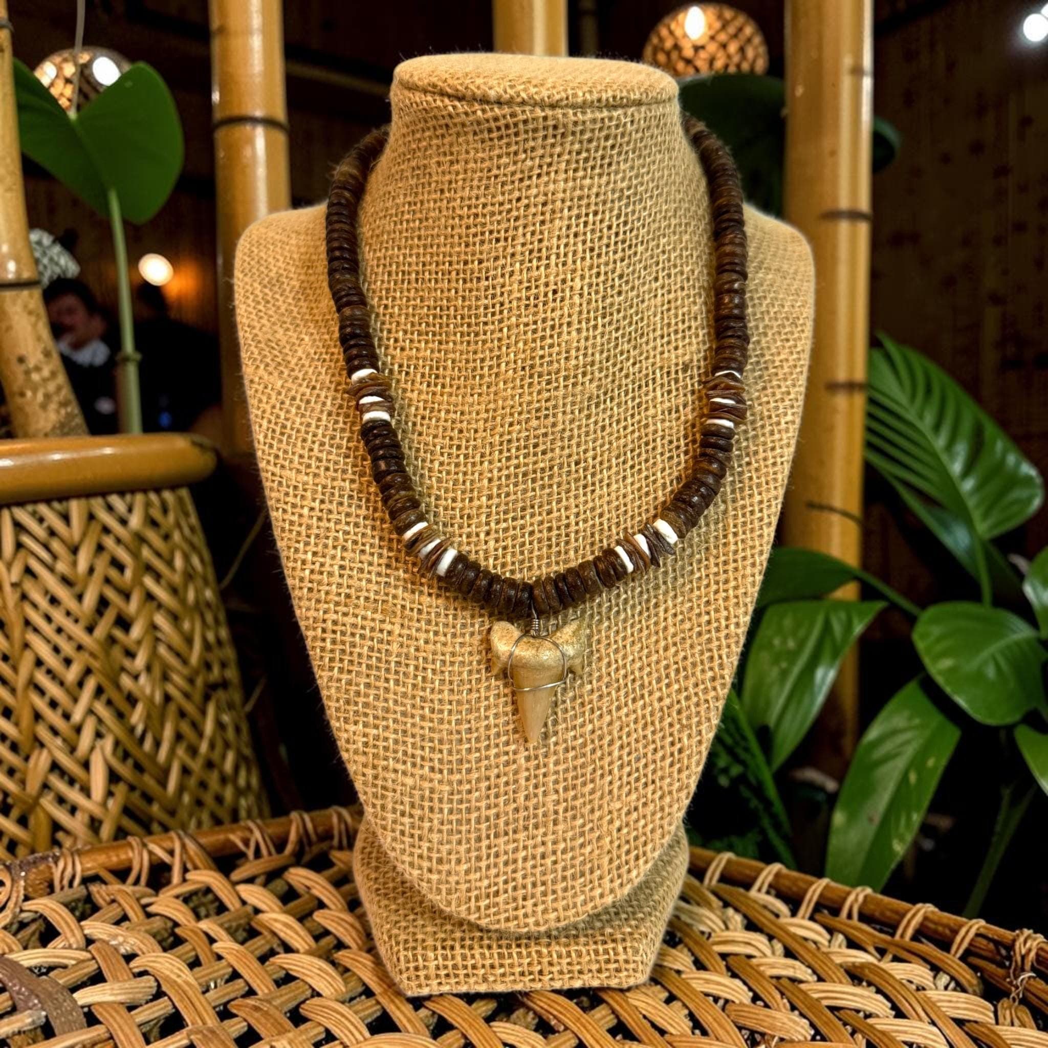 Shark Tooth Necklace | 18" Coastal Boho Shell Bead Surf Pendant - Thumbnail 2