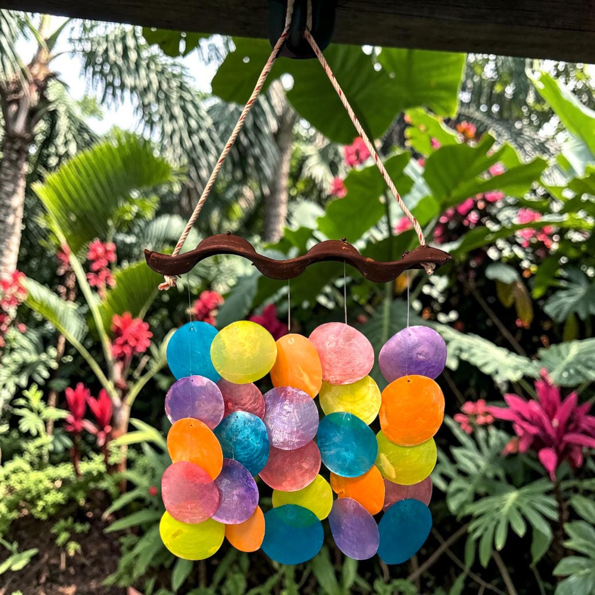 Rainbow Capiz Shell Wind Chime – Handmade Coastal Decor, Boho Tropical Mobile - Thumbnail 4