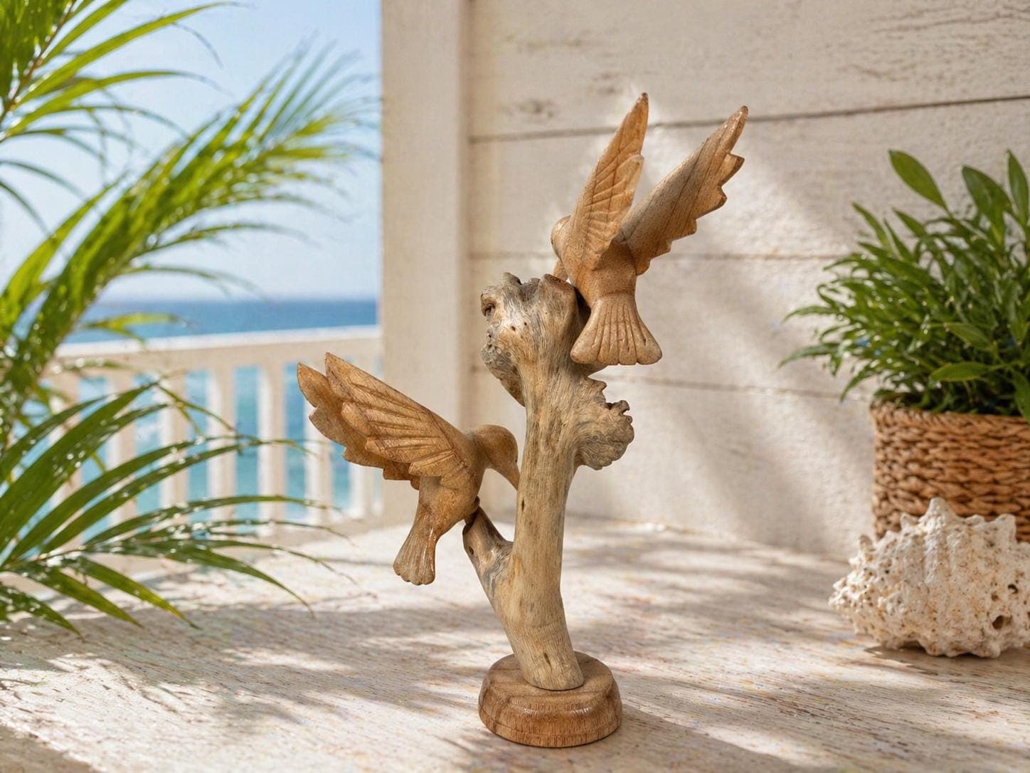 Hand Carved Wooden Hummingbird Sculpture on Natural Wood Base – Bird Figurine, Rustic Home Decor, Nature Wood Carving, Unique Gift - Thumbnail 2