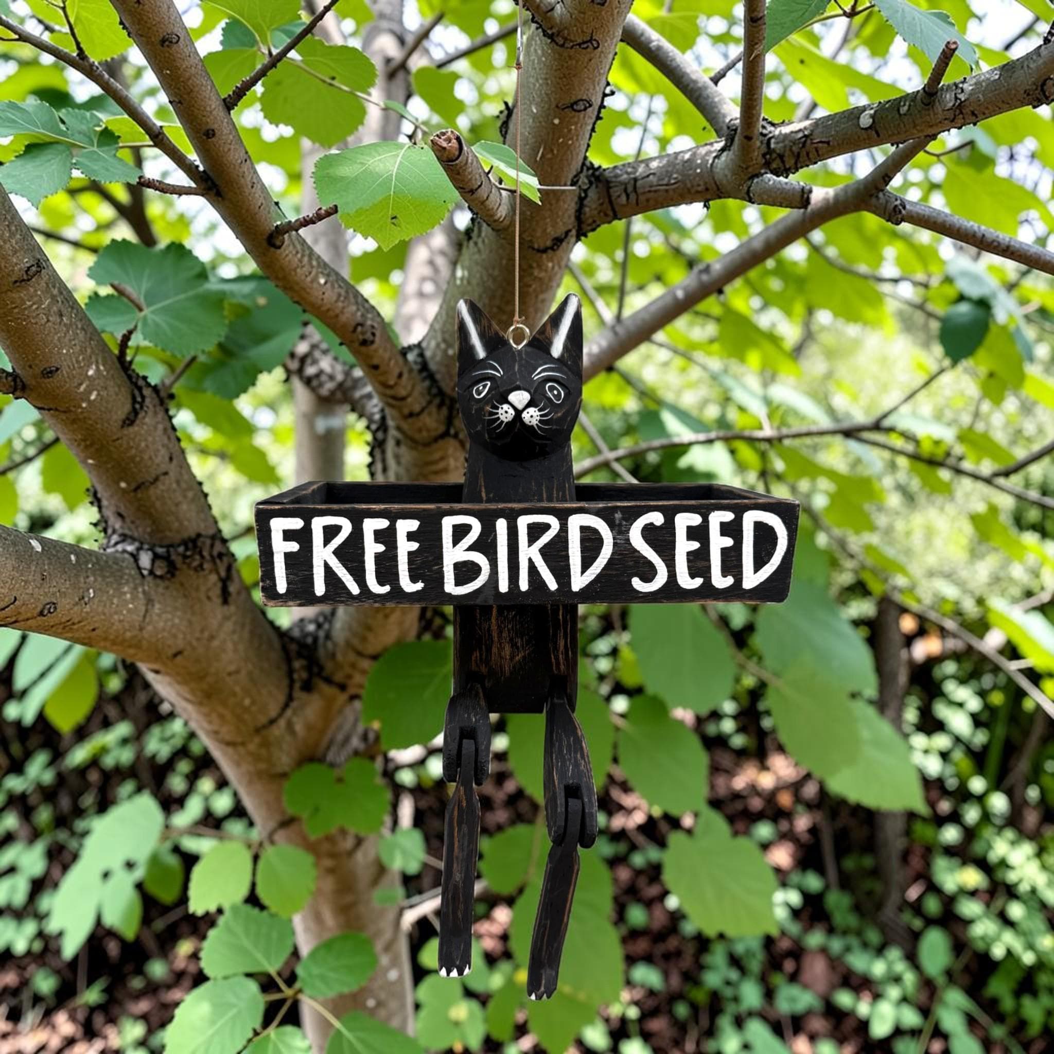 Funny Cat Wooden Bird Feeder – “Free Bird Seed” Rustic Garden Decor - Thumbnail 9