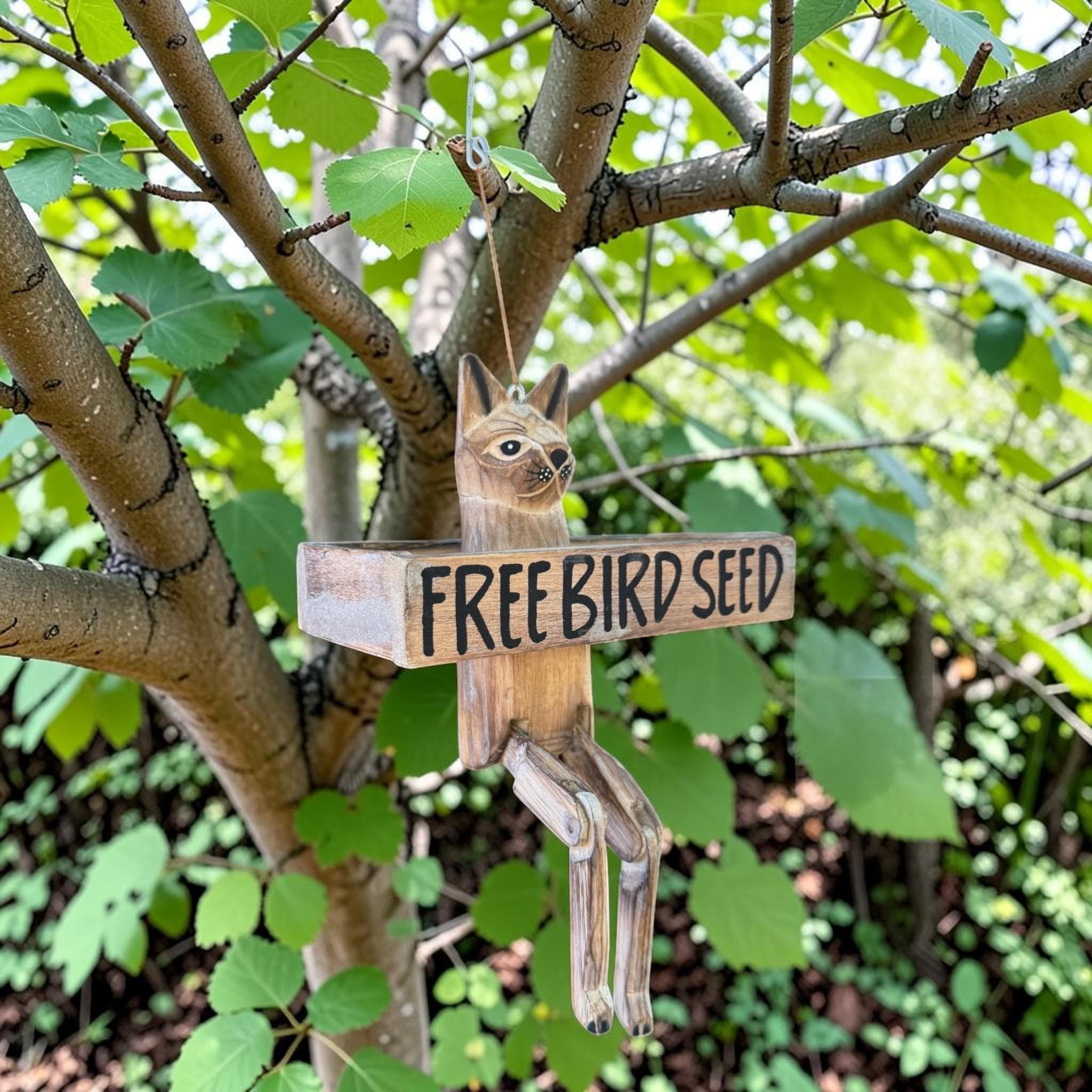Funny Cat Wooden Bird Feeder – “Free Bird Seed” Rustic Garden Decor - Thumbnail 6
