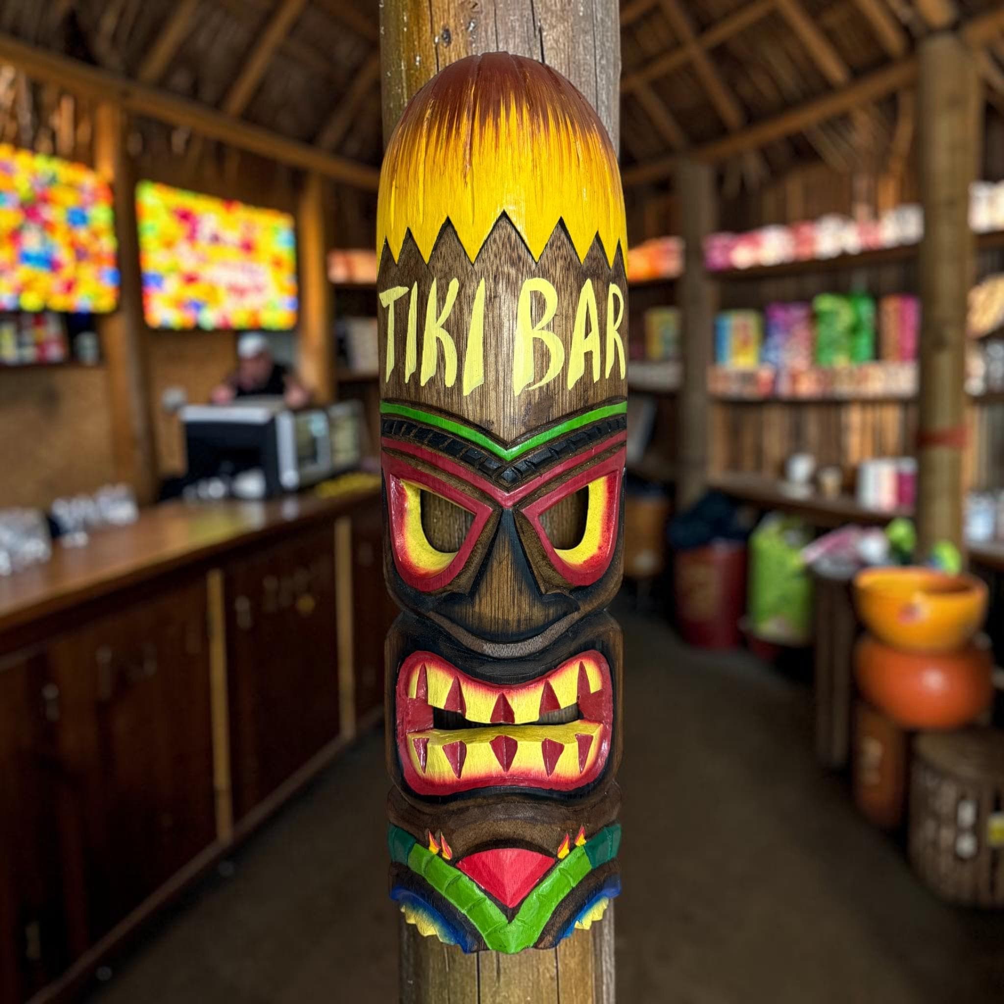 Handmade Tiki Bar Wall Mask | Tropical Wood Wall Decor | Polynesian Style Tiki Sign | Beach Bar Decor | Hawaiian Luau Home Accent - Thumbnail 2