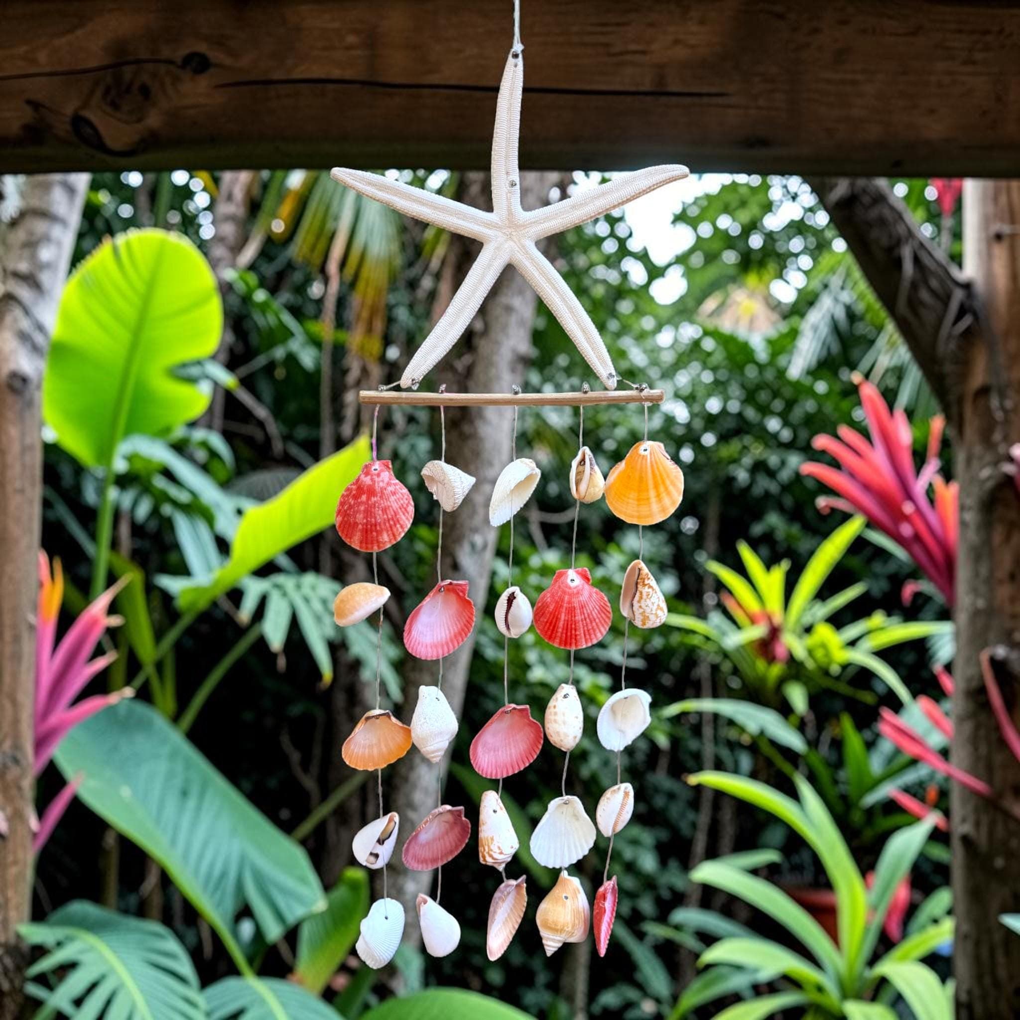 Handmade Calico Shell Wind Chime with Starfish – Coastal Garden Decor - Thumbnail 4