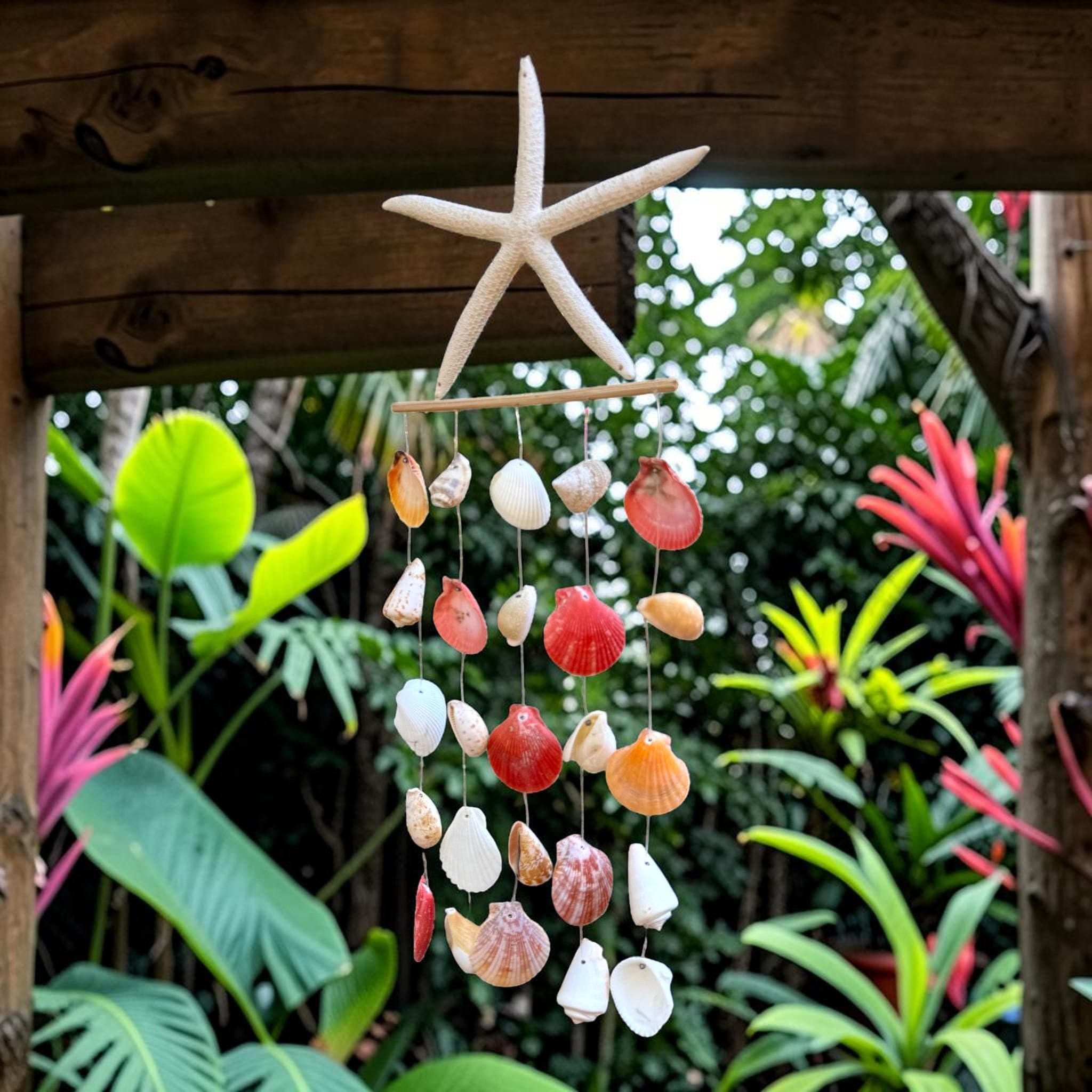 Handmade Calico Shell Wind Chime with Starfish – Coastal Garden Decor - Thumbnail 3