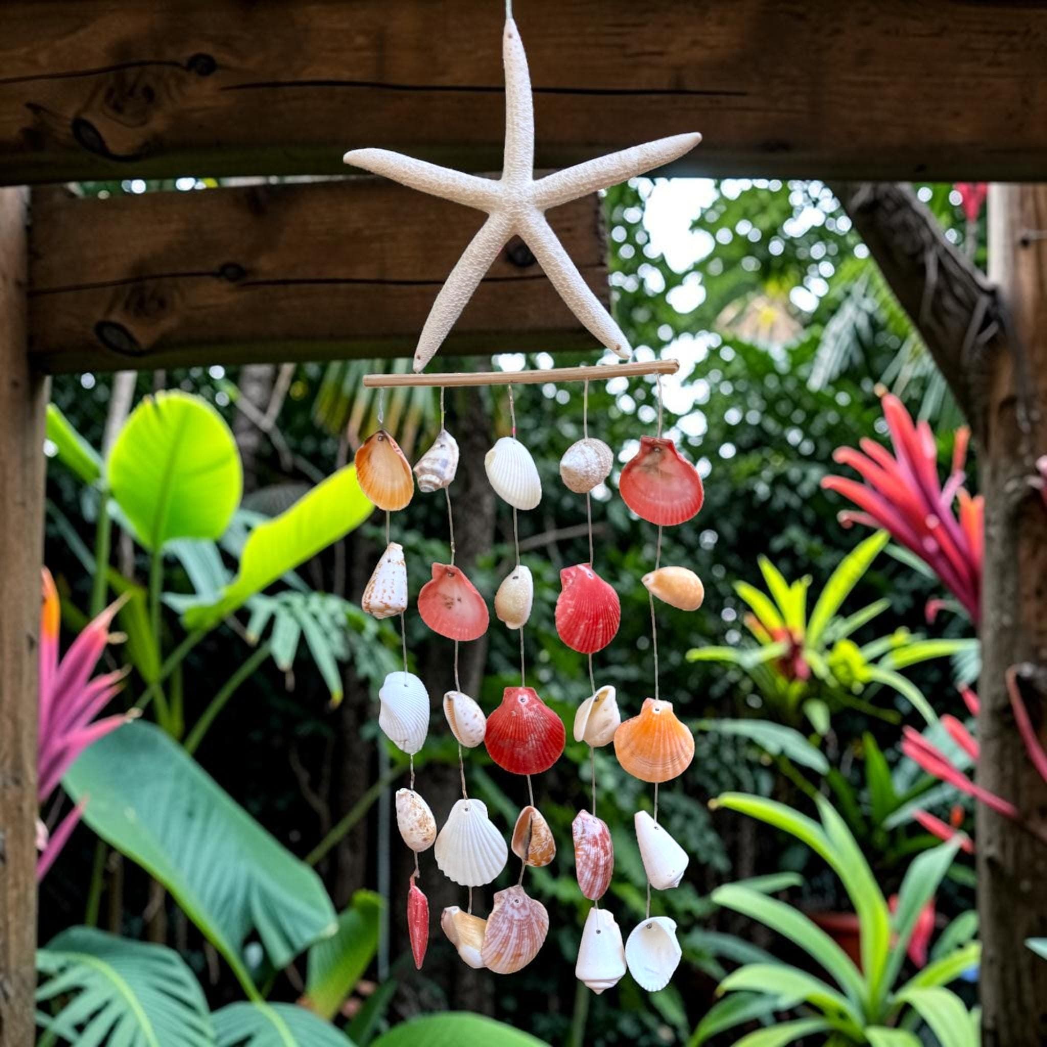 Handmade Calico Shell Wind Chime with Starfish – Coastal Garden Decor