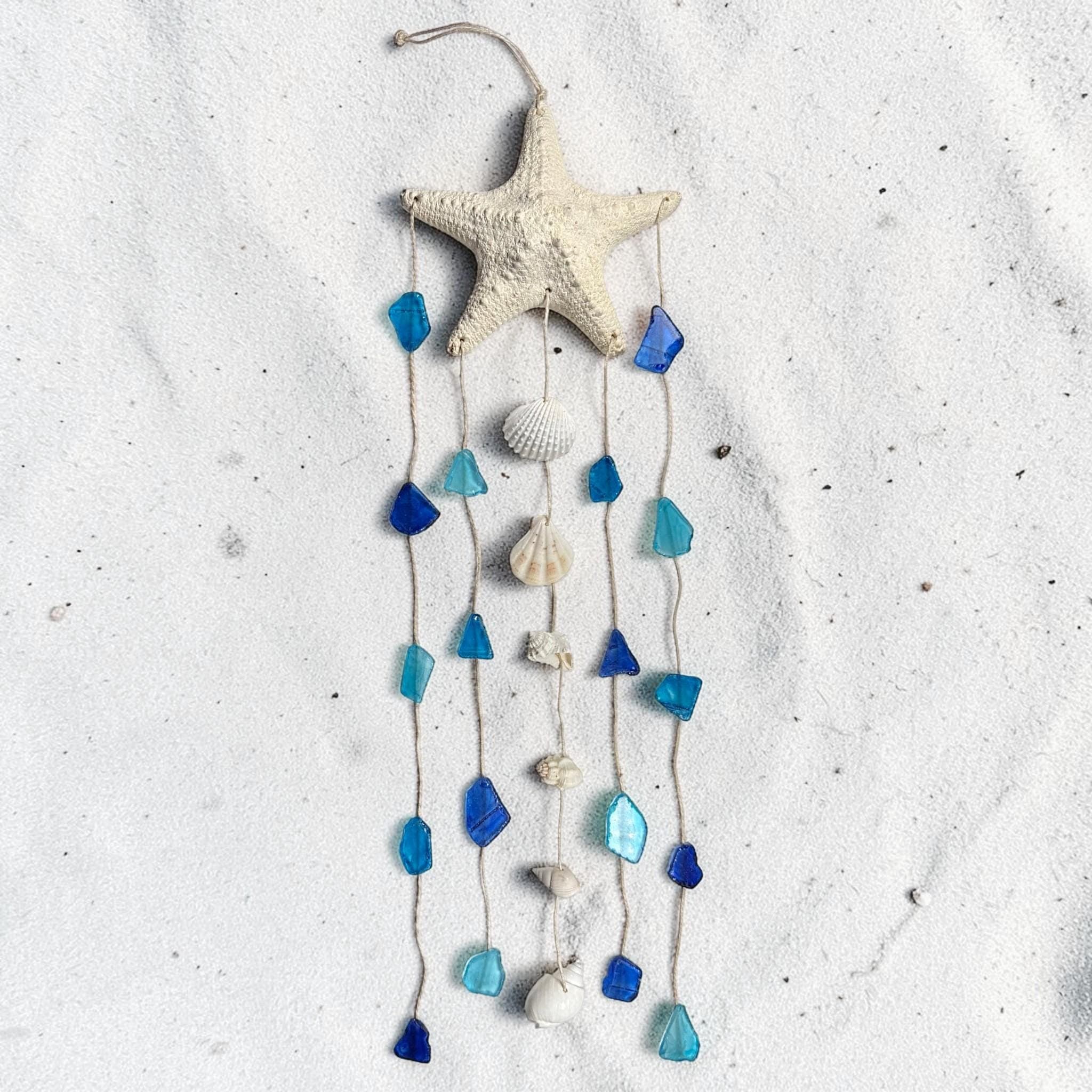 Handmade Sea Glass Wind Chime with Starfish & Shells | Coastal Beach Decor | Nautical Wall Hanging | Ocean Inspired Gift | Boho Wind Chimes - Thumbnail 4