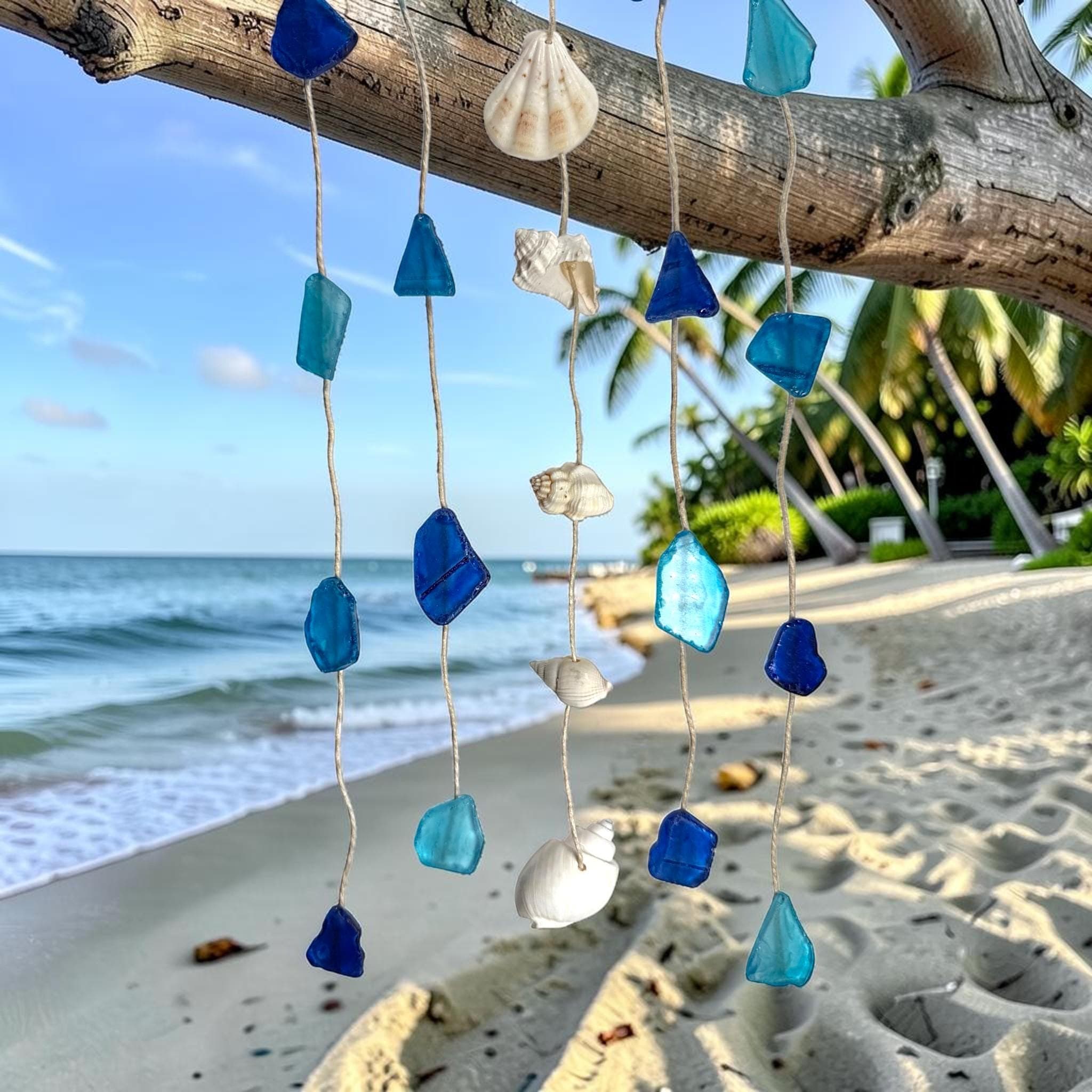 Handmade Sea Glass Wind Chime with Starfish & Shells | Coastal Beach Decor | Nautical Wall Hanging | Ocean Inspired Gift | Boho Wind Chimes - Thumbnail 3