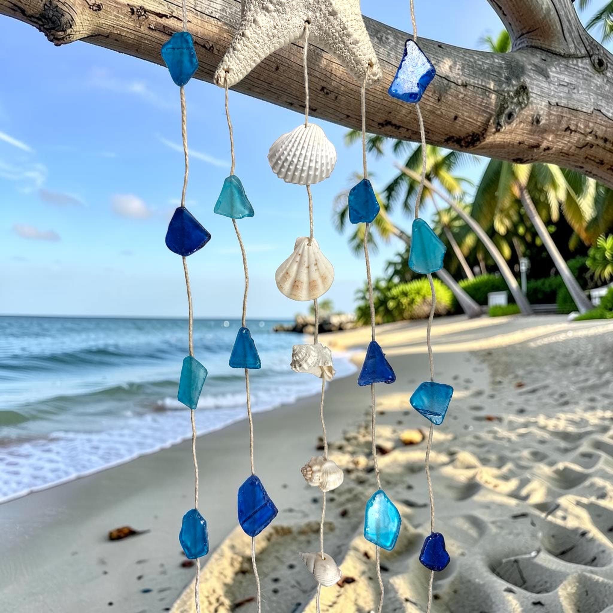 Handmade Sea Glass Wind Chime with Starfish & Shells | Coastal Beach Decor | Nautical Wall Hanging | Ocean Inspired Gift | Boho Wind Chimes - Thumbnail 2