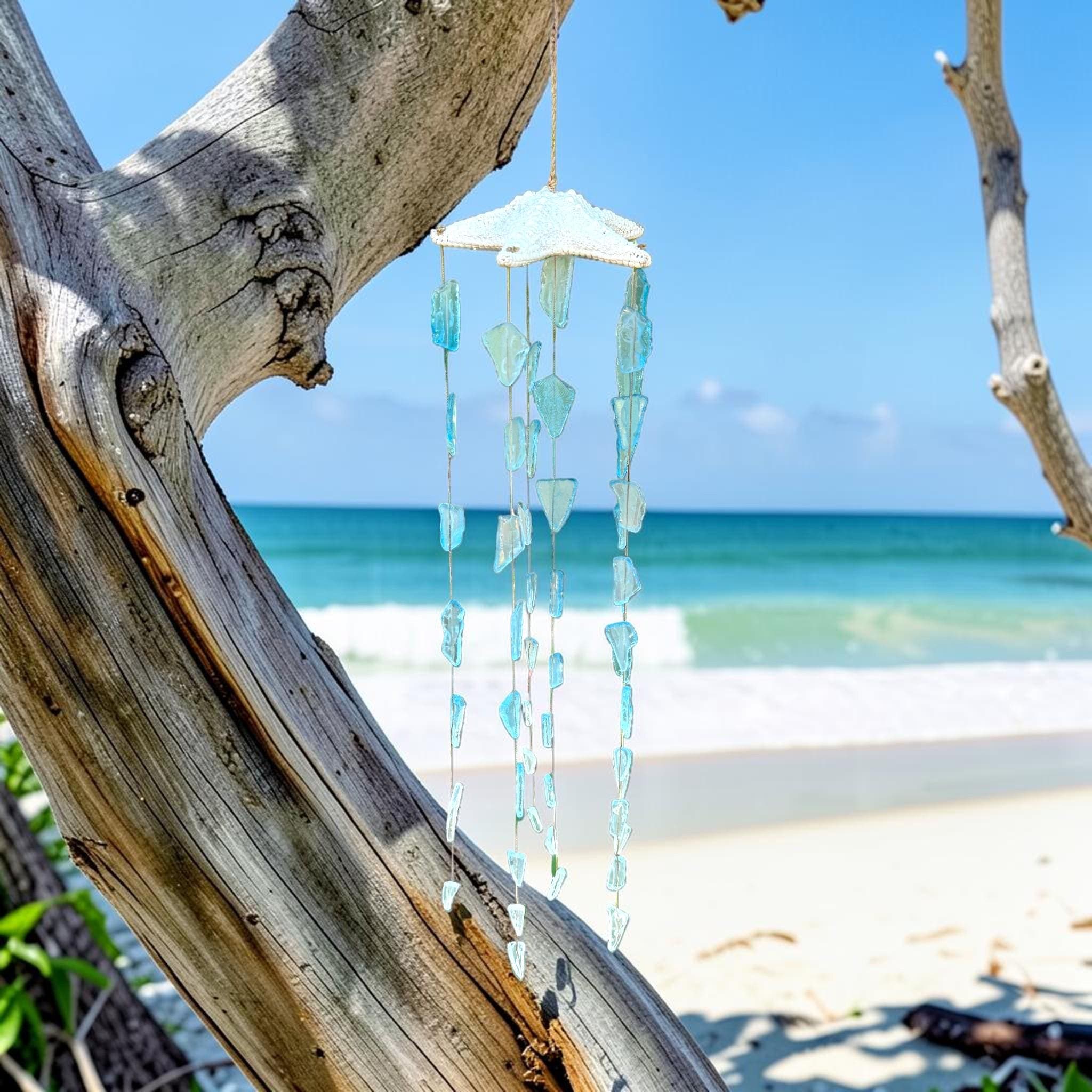 Sea Glass Wind Chime with Starfish – Coastal Beach Decor – Handmade Blue & White Hanging Mobile – Nautical Outdoor Wind Chimes - Thumbnail 4