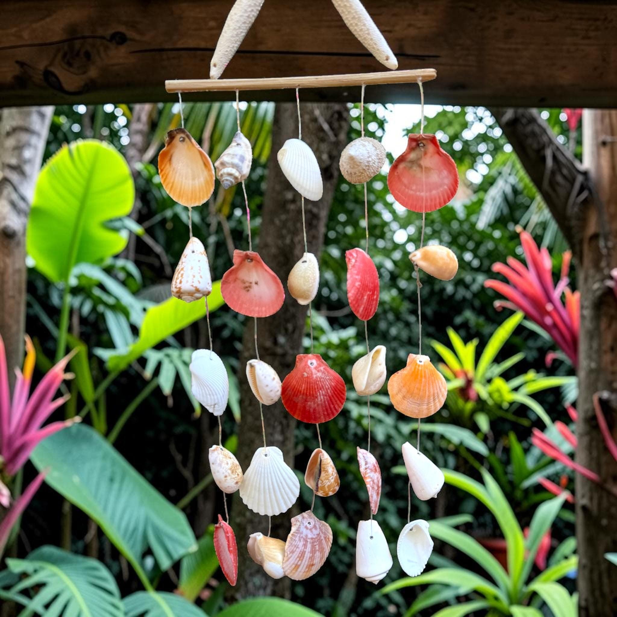 Handmade Calico Shell Wind Chime with Starfish – Coastal Garden Decor - Thumbnail 2