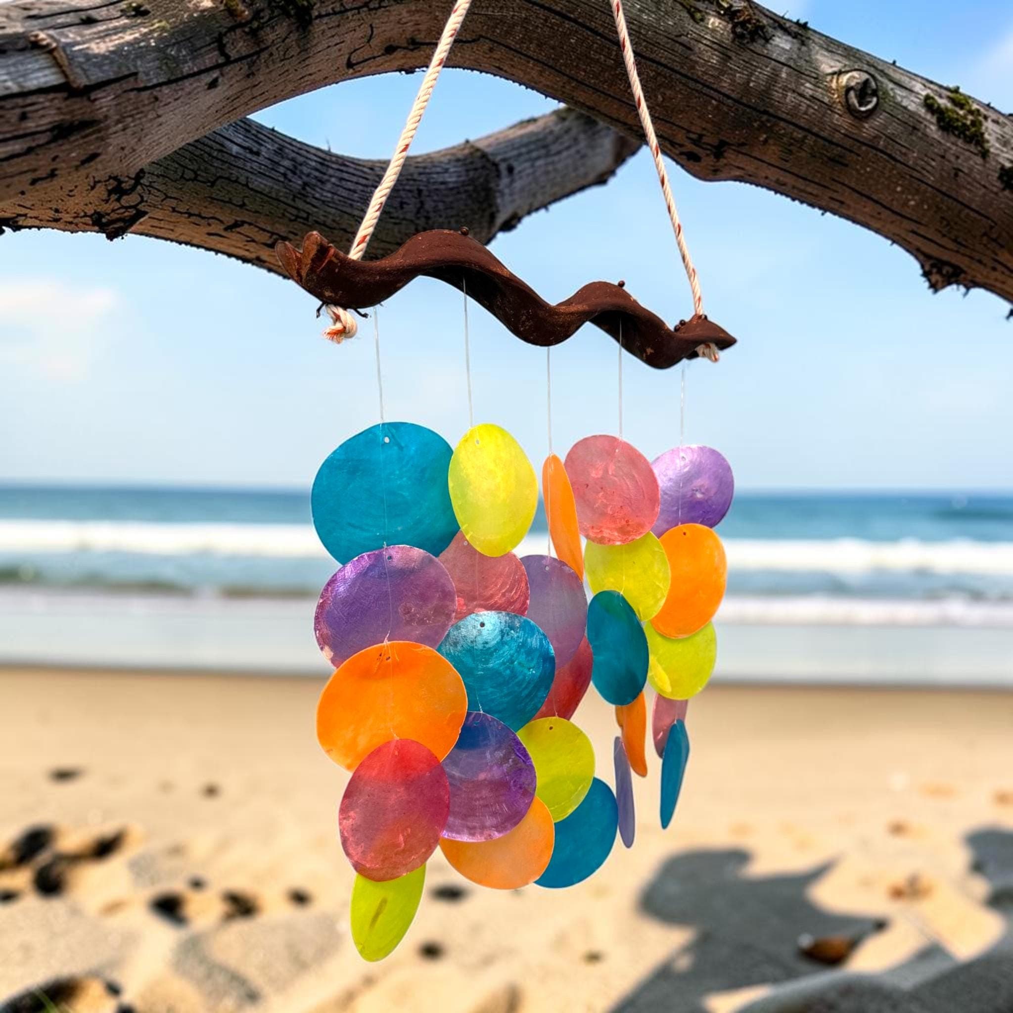 Rainbow Capiz Shell Wind Chime – Handmade Coastal Decor, Boho Tropical Mobile - Thumbnail 2