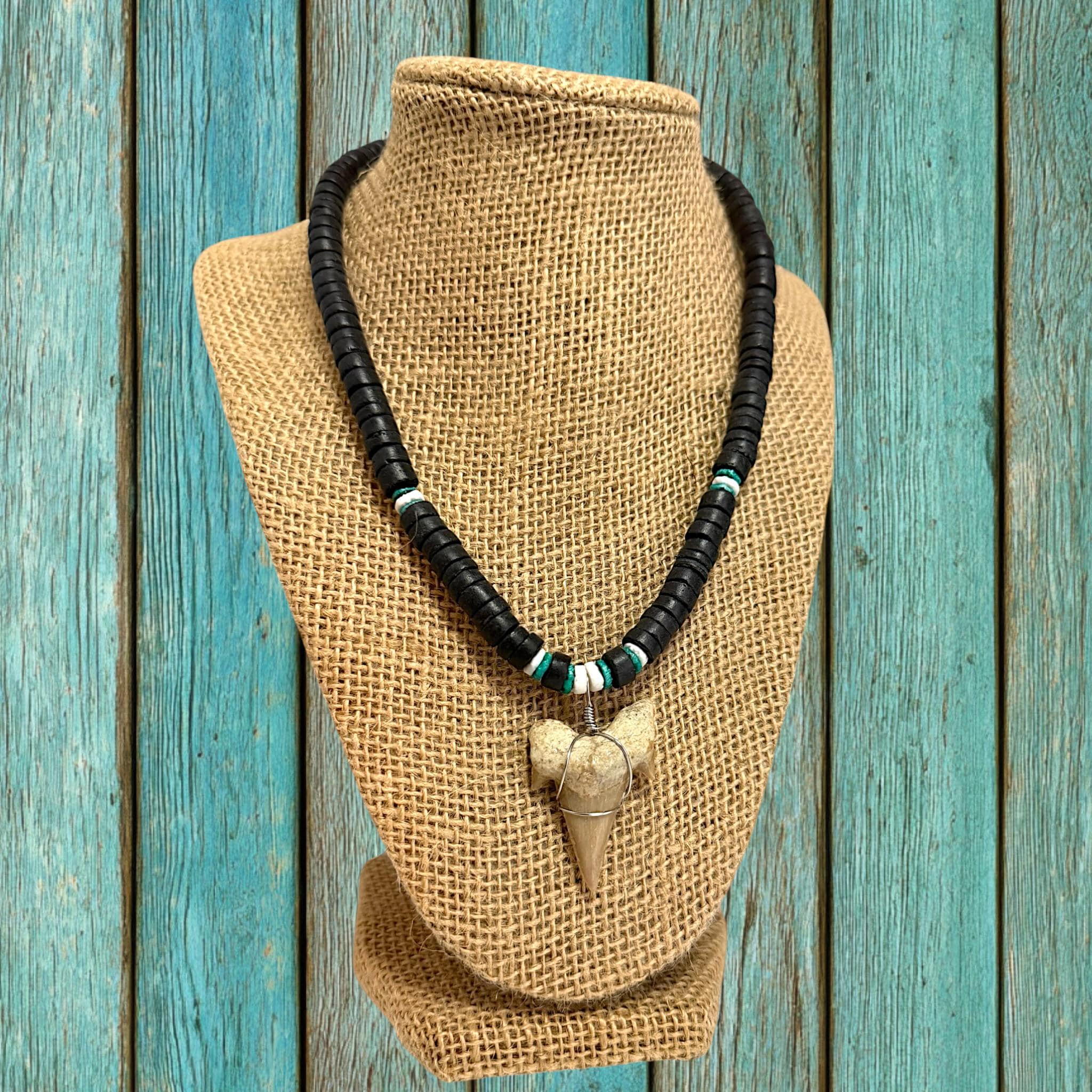 Shark Tooth Necklace | 18" Coastal Boho Shell Bead Surf Pendant - Thumbnail 2