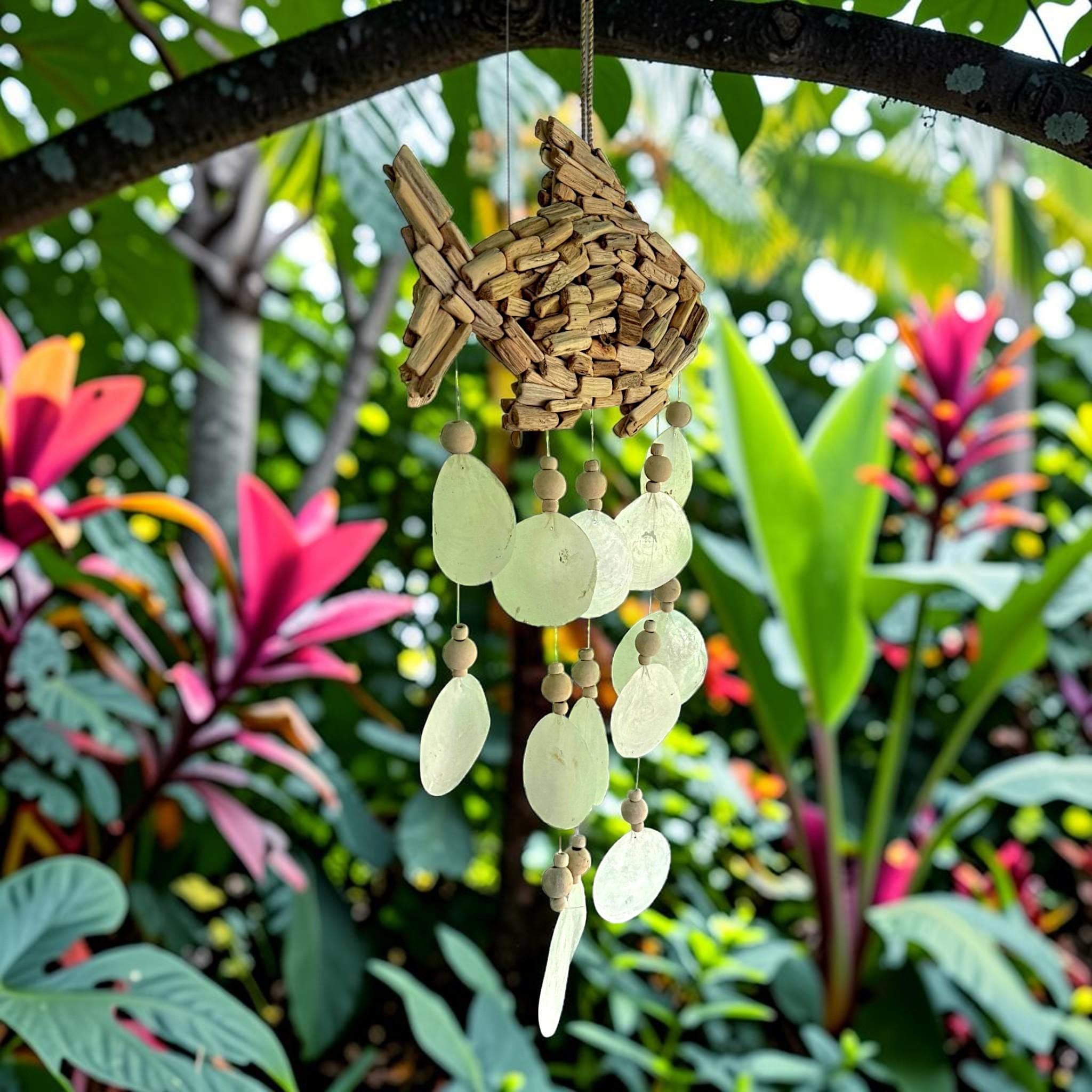 Handmade Driftwood Fish Wind Chime with Capiz Shells | Coastal Beach Decor, Garden Chime - Thumbnail 2