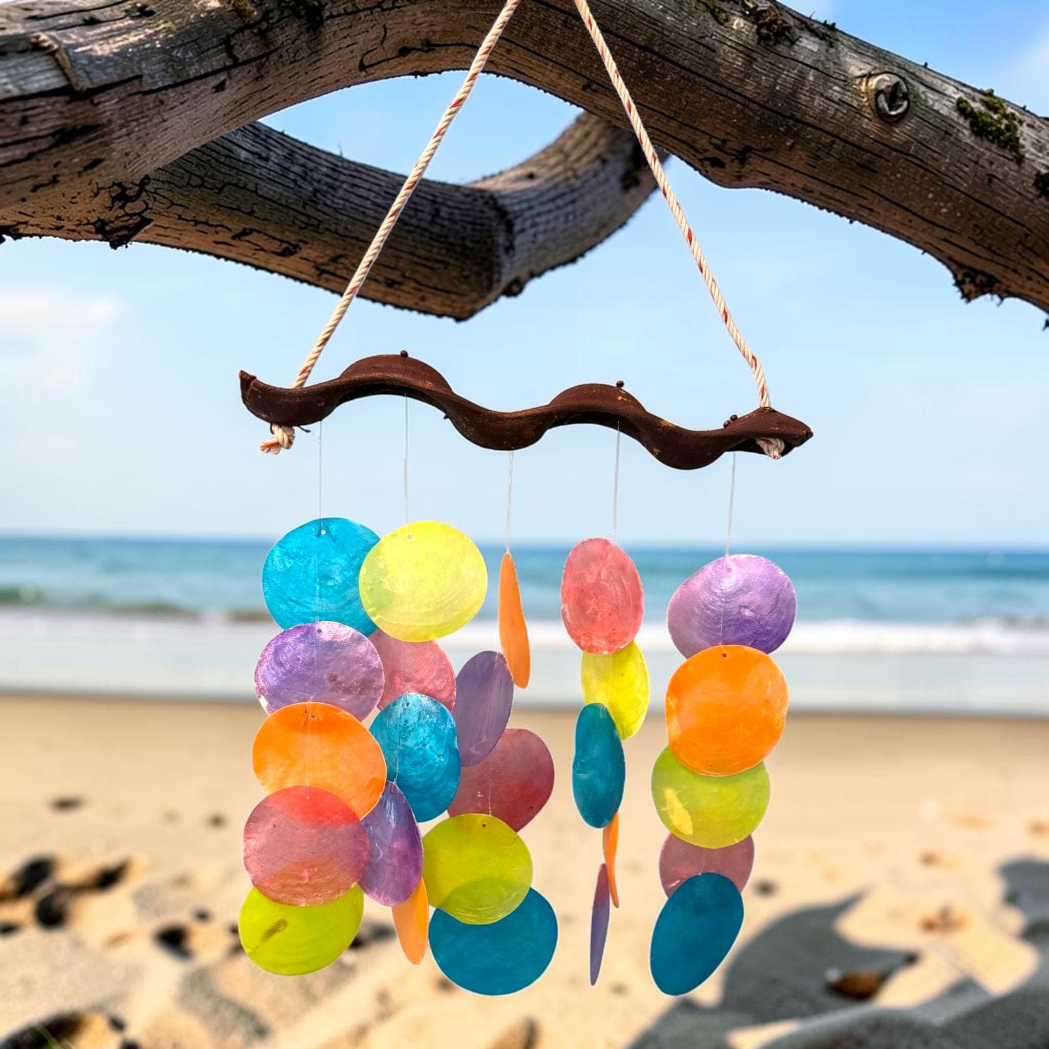 Rainbow Capiz Shell Wind Chime – Handmade Coastal Decor, Boho Tropical Mobile - Thumbnail 3
