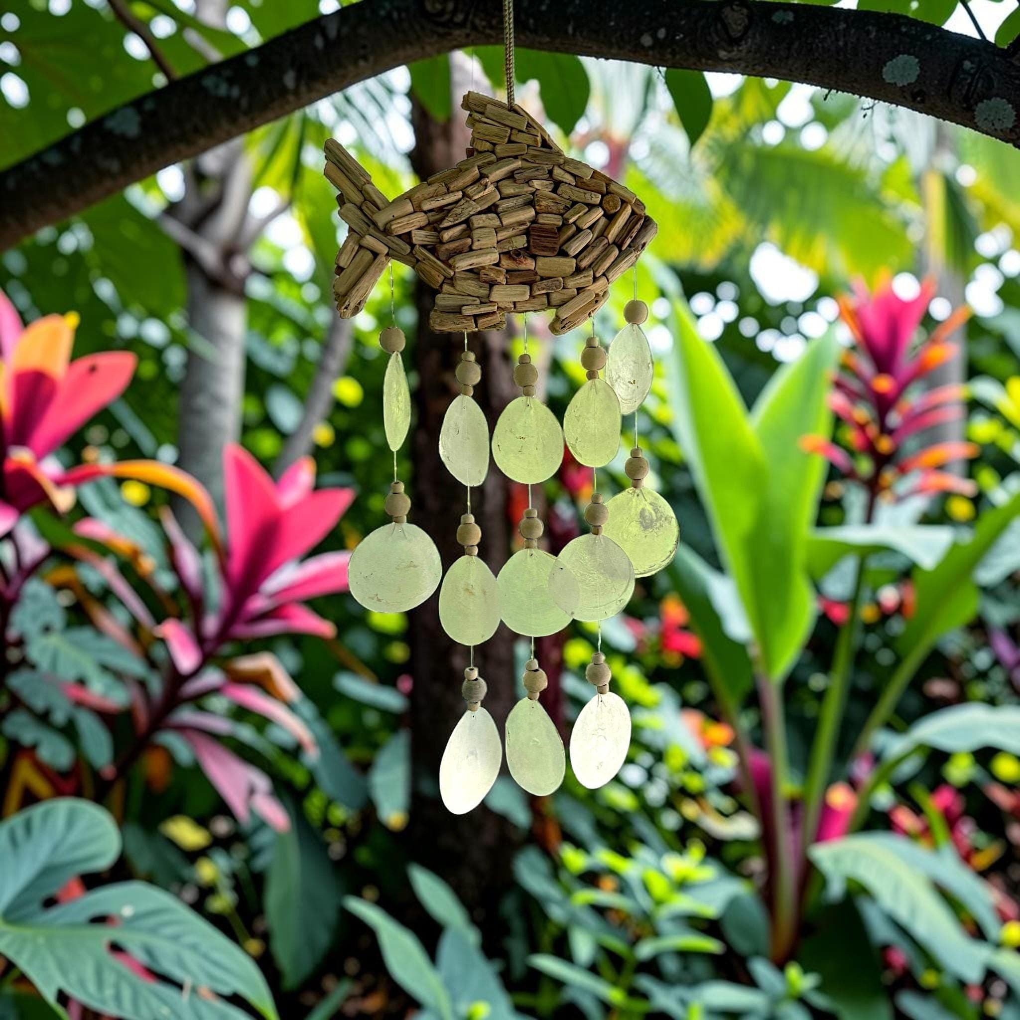 Handmade Driftwood Fish Wind Chime with Capiz Shells | Coastal Beach Decor, Garden Chime - Thumbnail 3