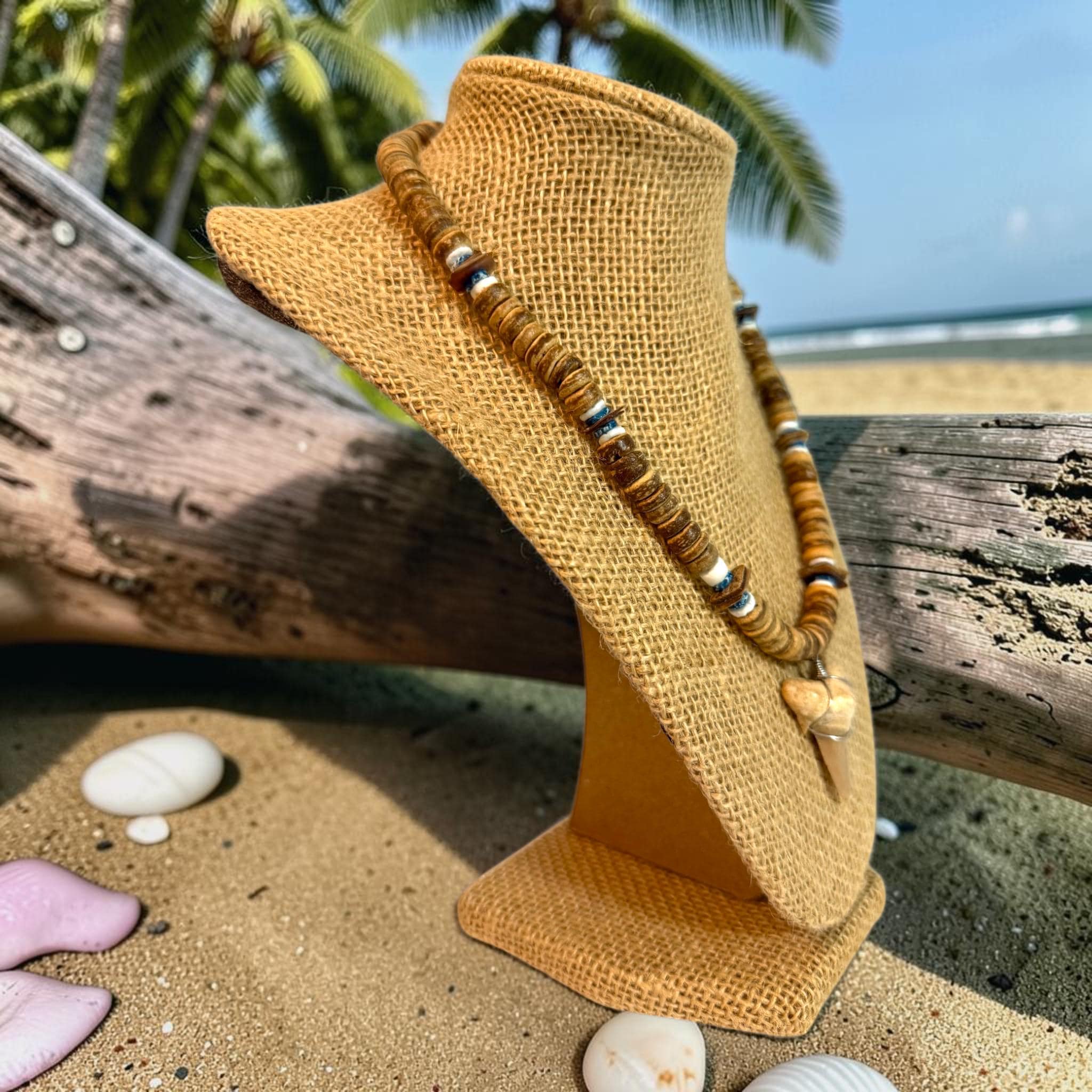 Shark Tooth Necklace | 18" Coastal Boho Shell Bead Surf Pendant - Thumbnail 4