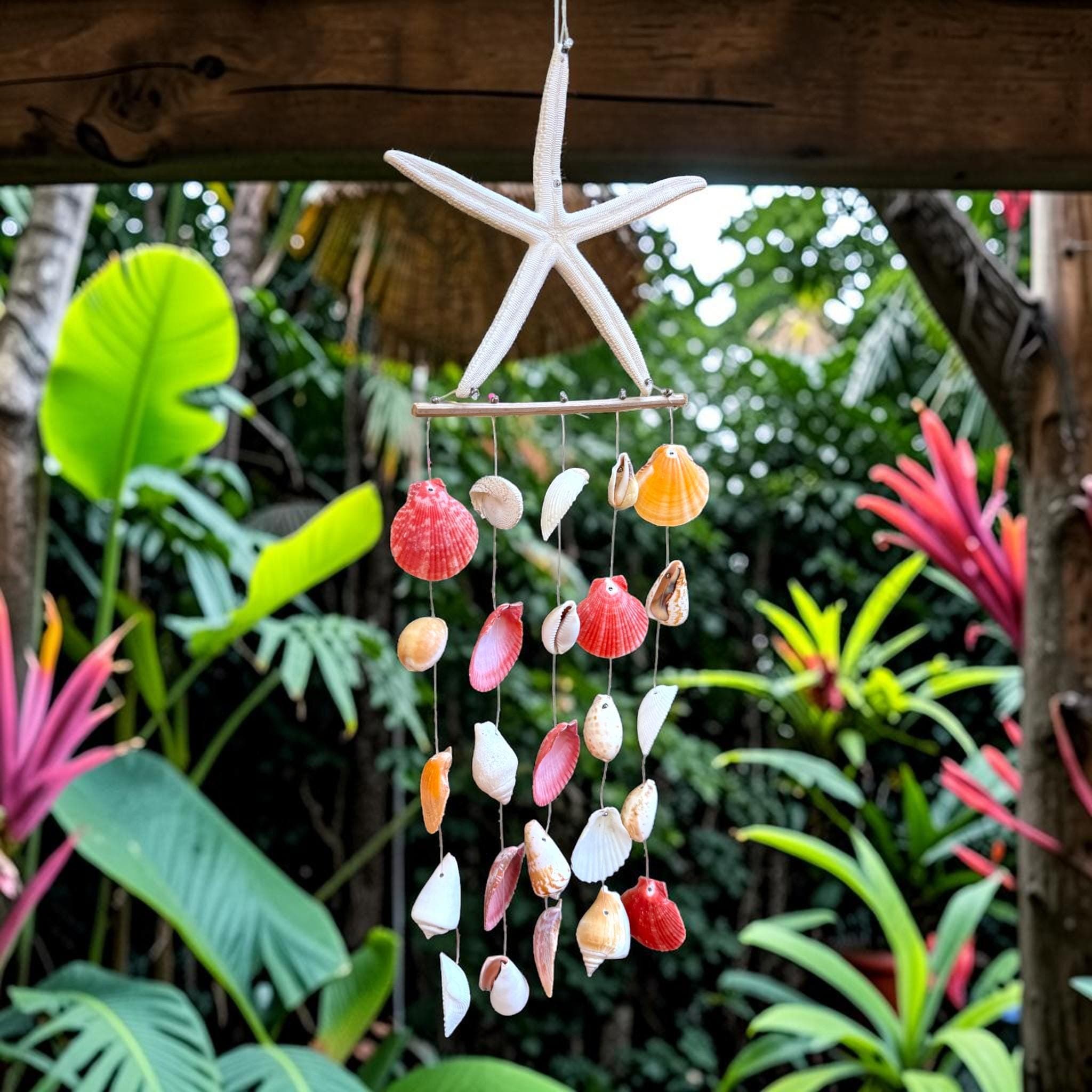 Handmade Calico Shell Wind Chime with Starfish – Coastal Garden Decor - Thumbnail 5
