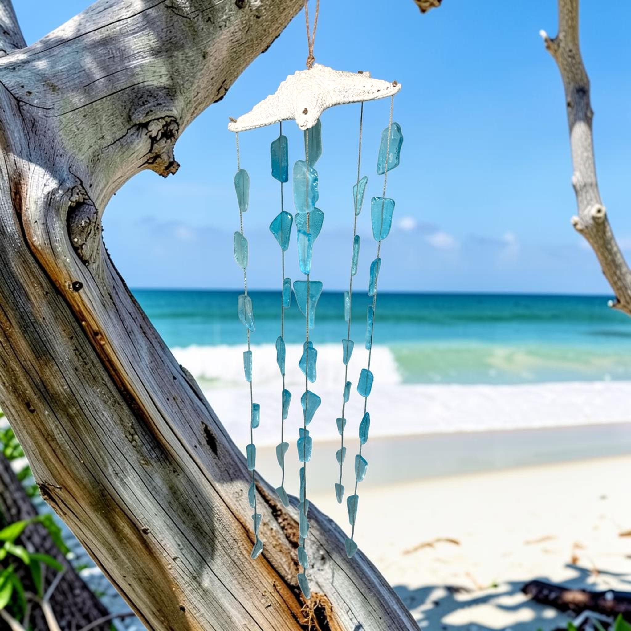 Sea Glass Wind Chime with Starfish – Coastal Beach Decor – Handmade Blue & White Hanging Mobile – Nautical Outdoor Wind Chimes