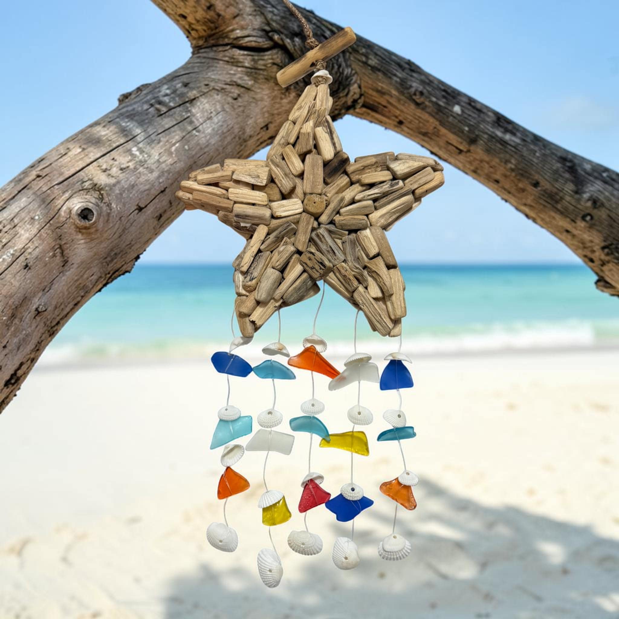 Driftwood Starfish Sea Glass Wind Chime | Coastal Beach Decor | Handmade Nautical Hanging | Ocean Inspired Gift | Boho Seaside Decor