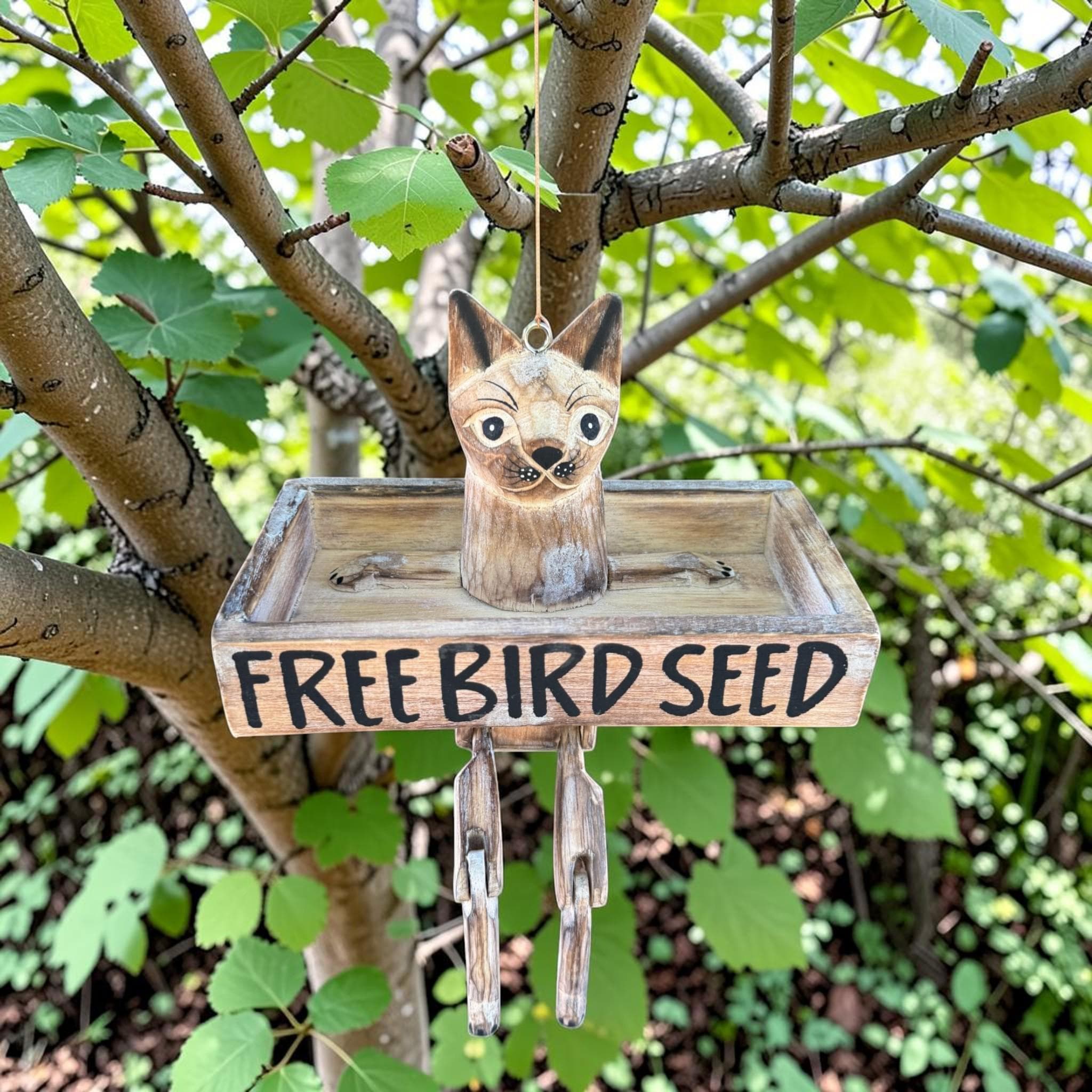 Funny Cat Wooden Bird Feeder – “Free Bird Seed” Rustic Garden Decor - Thumbnail 2
