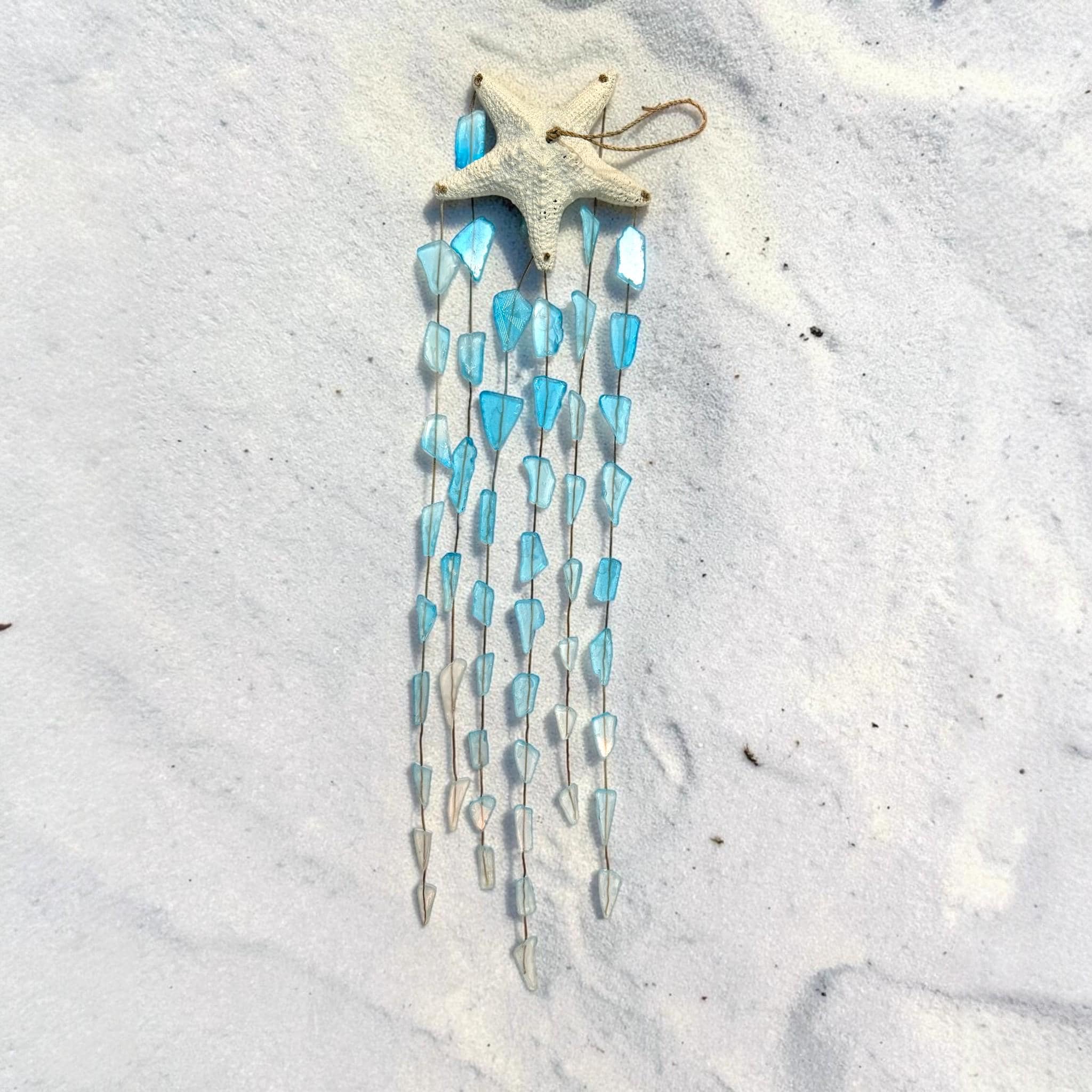Sea Glass Wind Chime with Starfish – Coastal Beach Decor – Handmade Blue & White Hanging Mobile – Nautical Outdoor Wind Chimes - Thumbnail 5