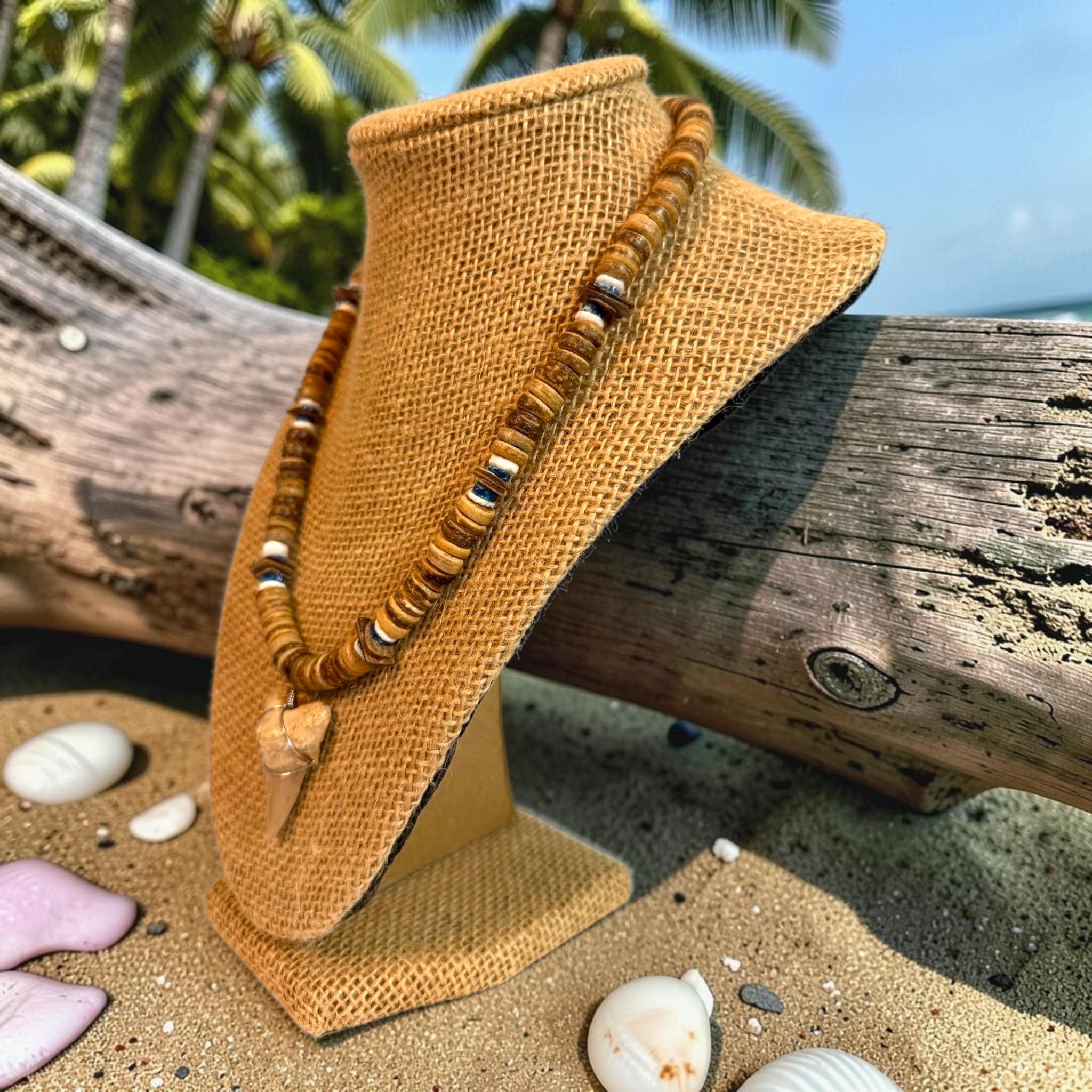 Shark Tooth Necklace | 18" Coastal Boho Shell Bead Surf Pendant - Thumbnail 5