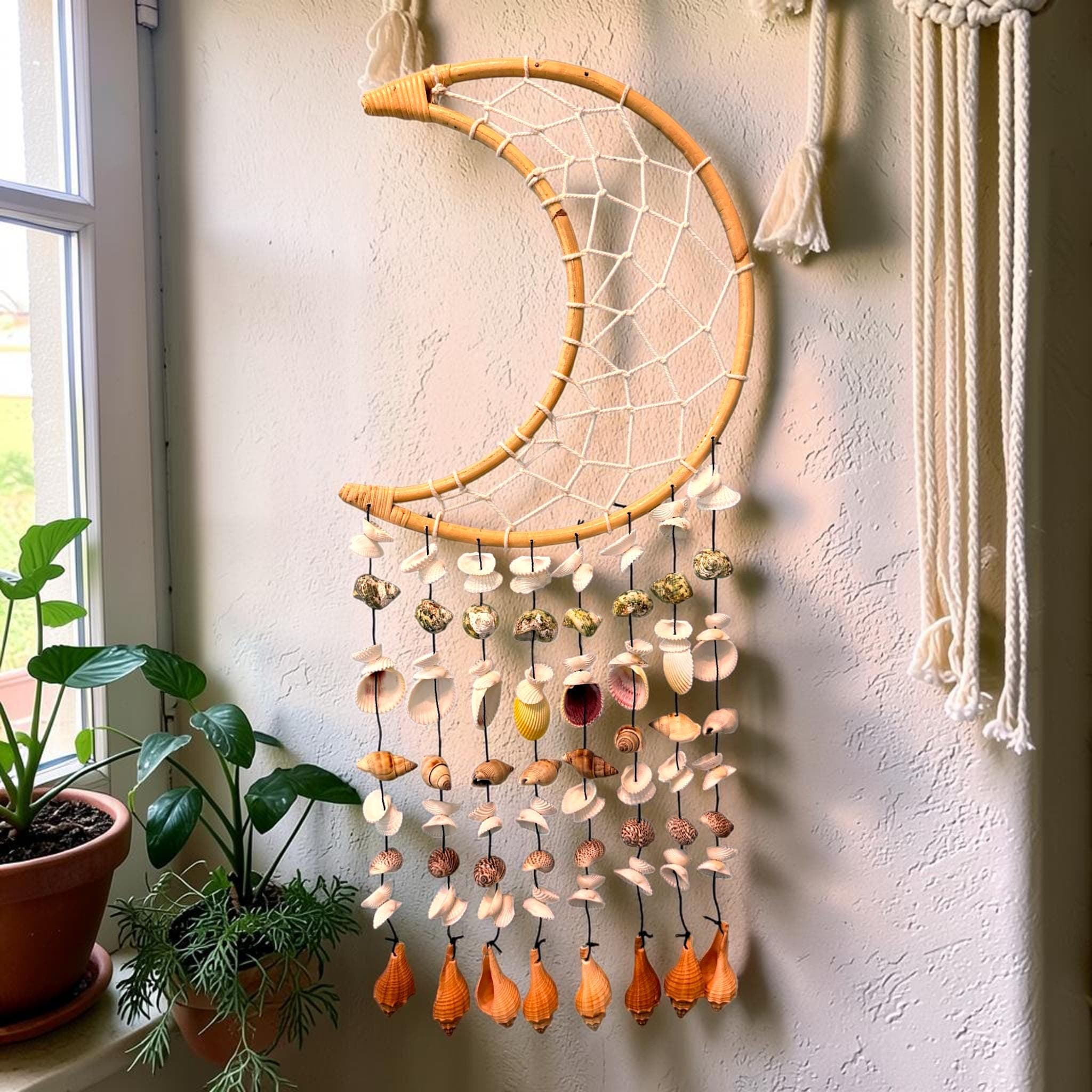 Boho Moon Dreamcatcher Wind Chime with Seashells | Coastal Wall Hanging, Beach Decor - Thumbnail 2