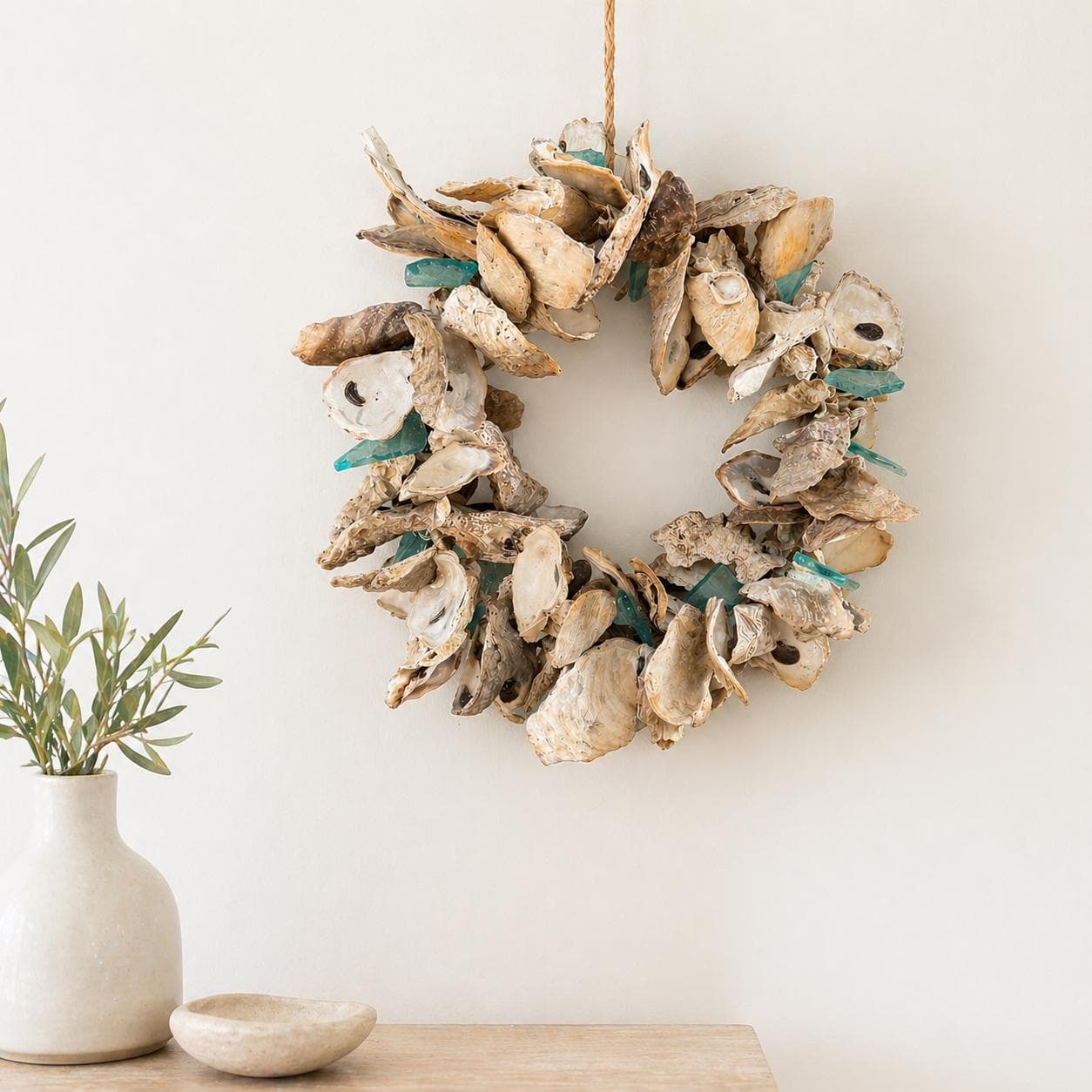 Coastal Oyster Shell Wreath | Beach House Decor | Nautical Front Door Wreath | Sea Glass Shell Wall Hanging | Coastal Farmhouse Decor