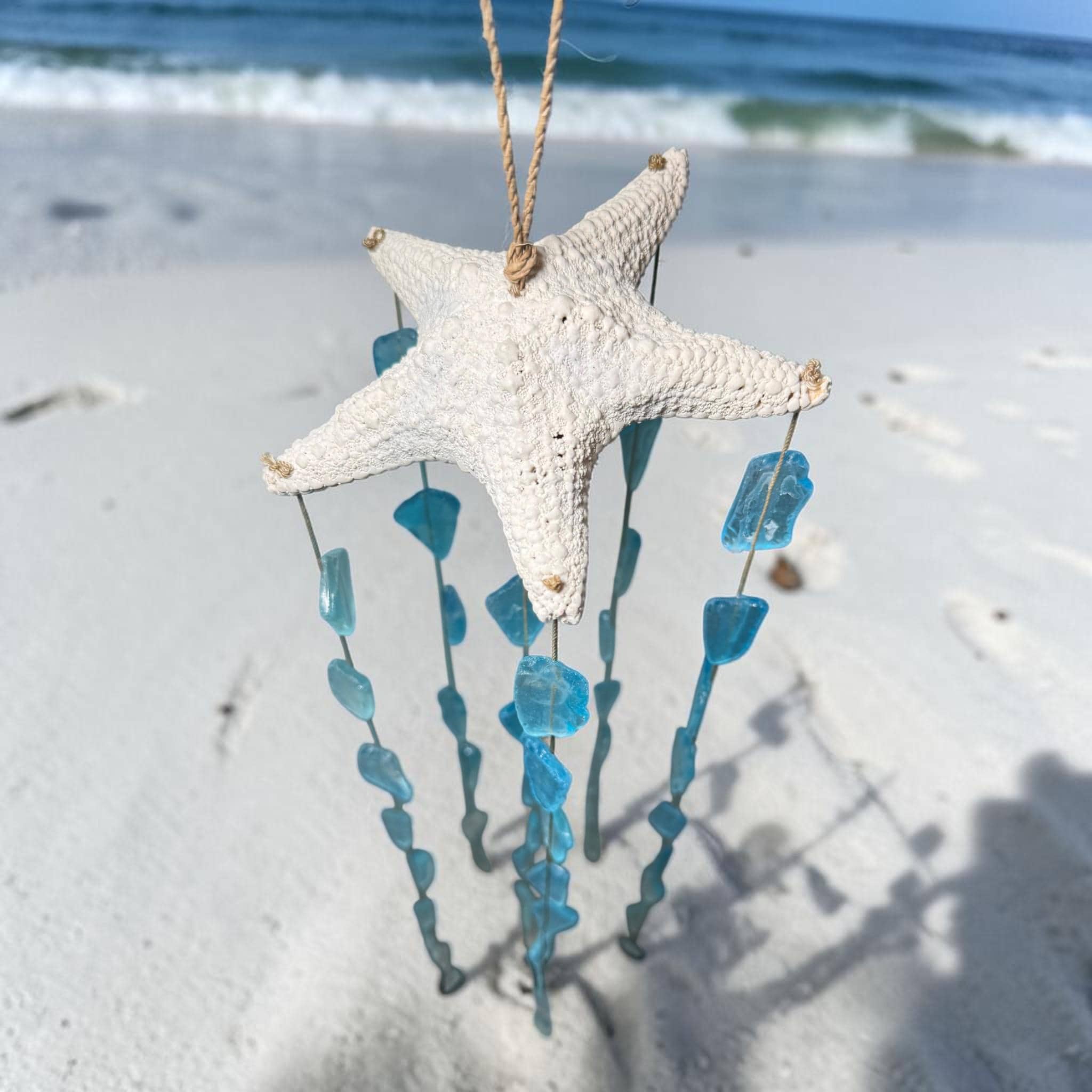 Sea Glass Wind Chime with Starfish – Coastal Beach Decor – Handmade Blue & White Hanging Mobile – Nautical Outdoor Wind Chimes - Thumbnail 2