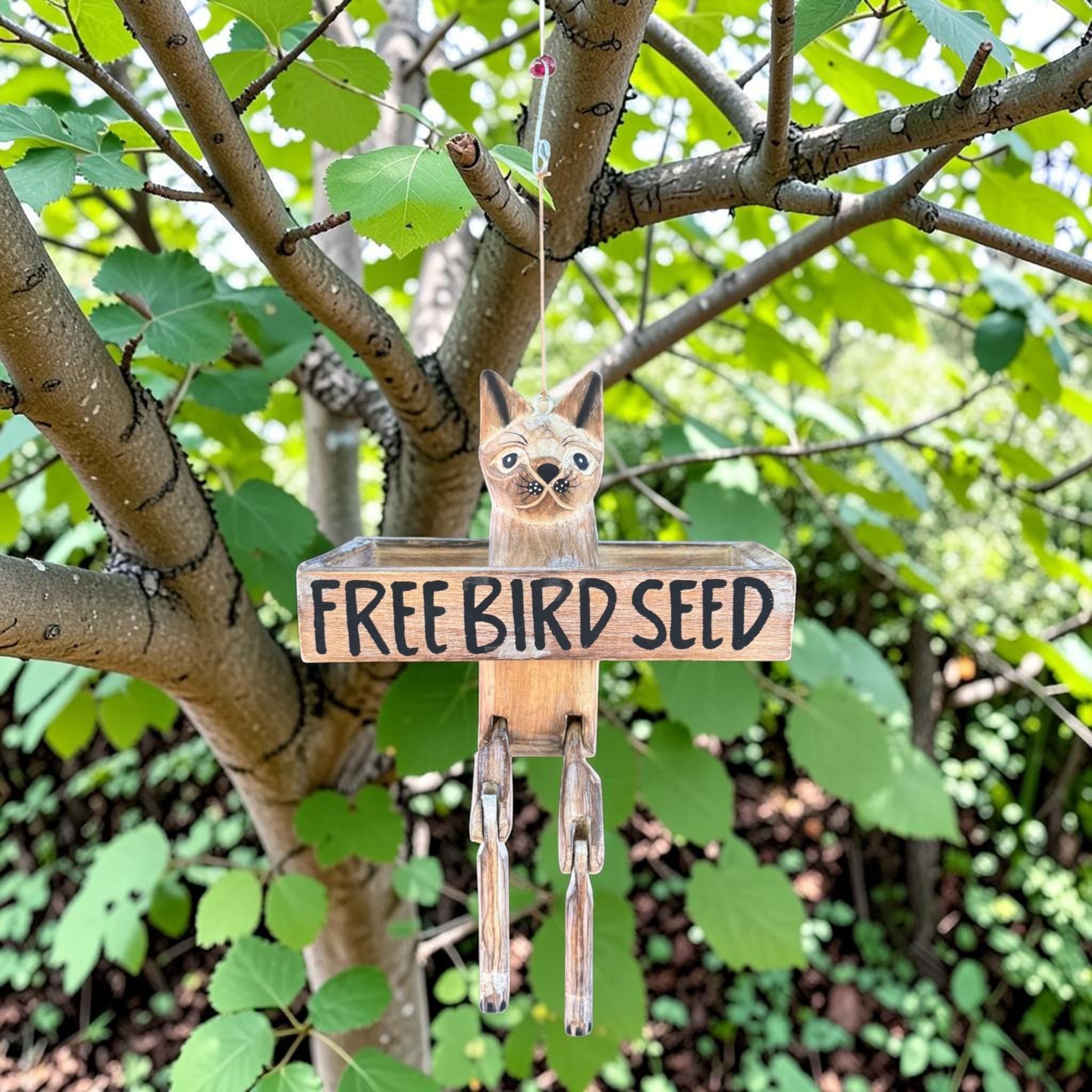Funny Cat Wooden Bird Feeder – “Free Bird Seed” Rustic Garden Decor - Thumbnail 7