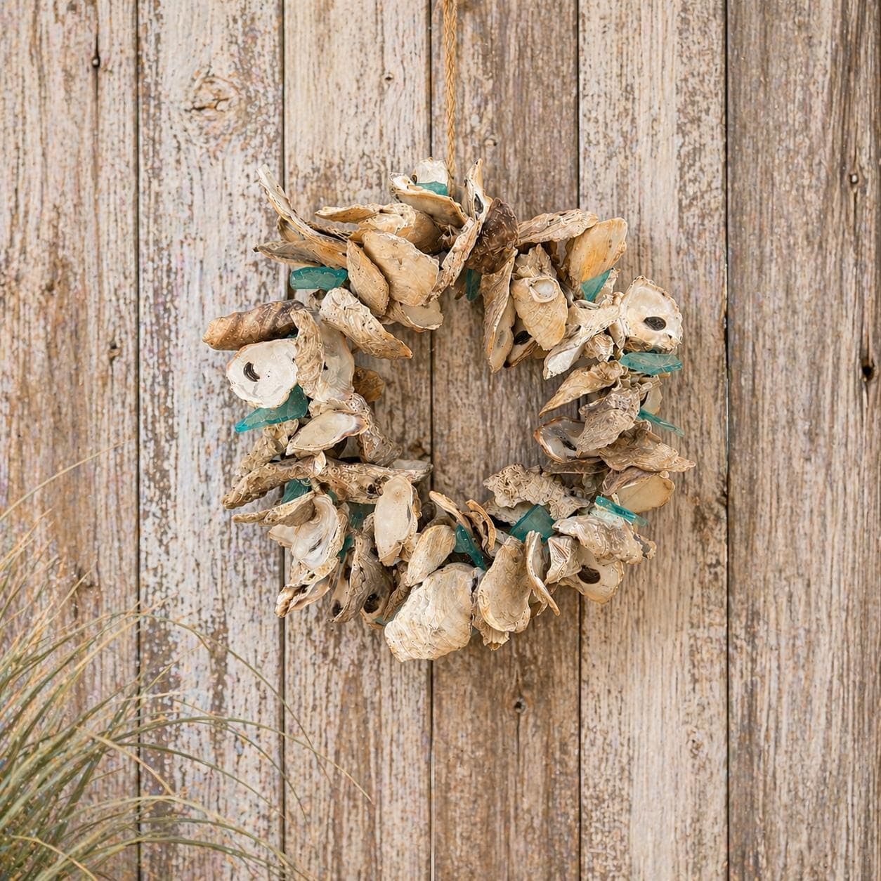 Coastal Oyster Shell Wreath | Beach House Decor | Nautical Front Door Wreath | Sea Glass Shell Wall Hanging | Coastal Farmhouse Decor - Thumbnail 4