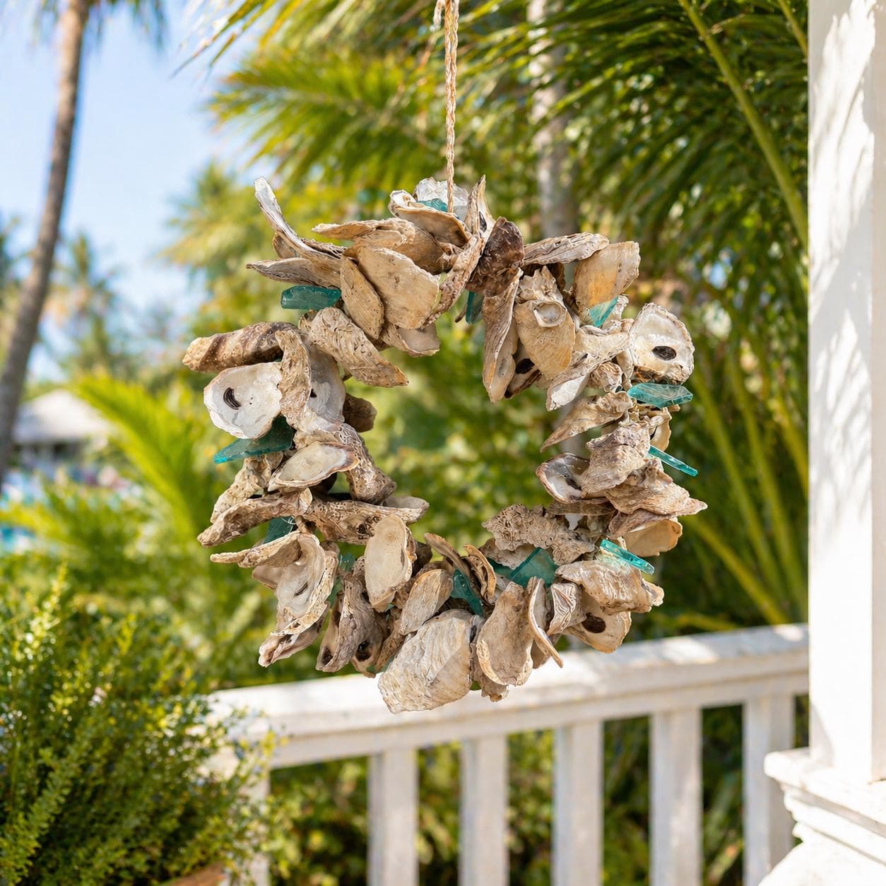 Coastal Oyster Shell Wreath | Beach House Decor | Nautical Front Door Wreath | Sea Glass Shell Wall Hanging | Coastal Farmhouse Decor - Thumbnail 3