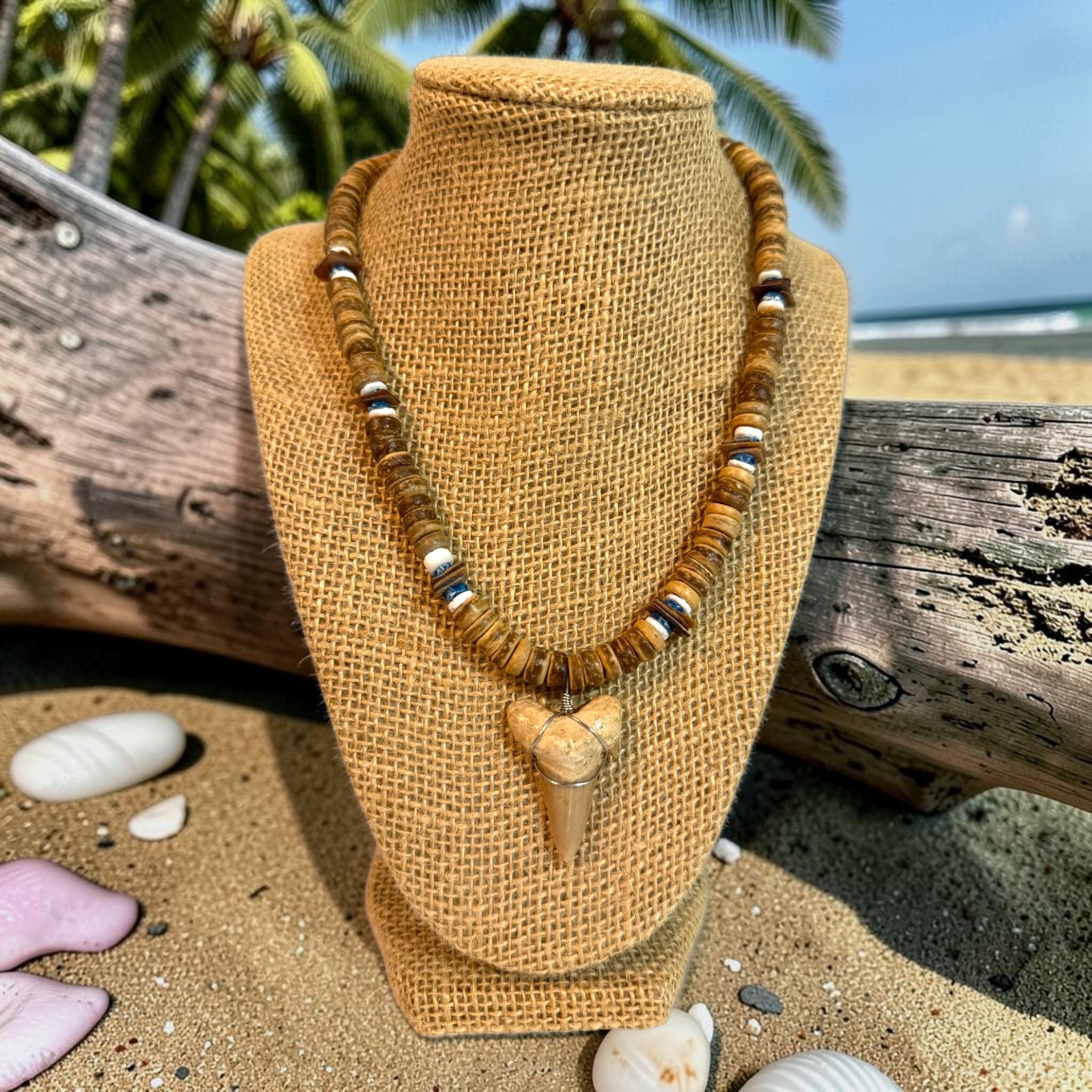 Shark Tooth Necklace | 18" Coastal Boho Shell Bead Surf Pendant - Thumbnail 3