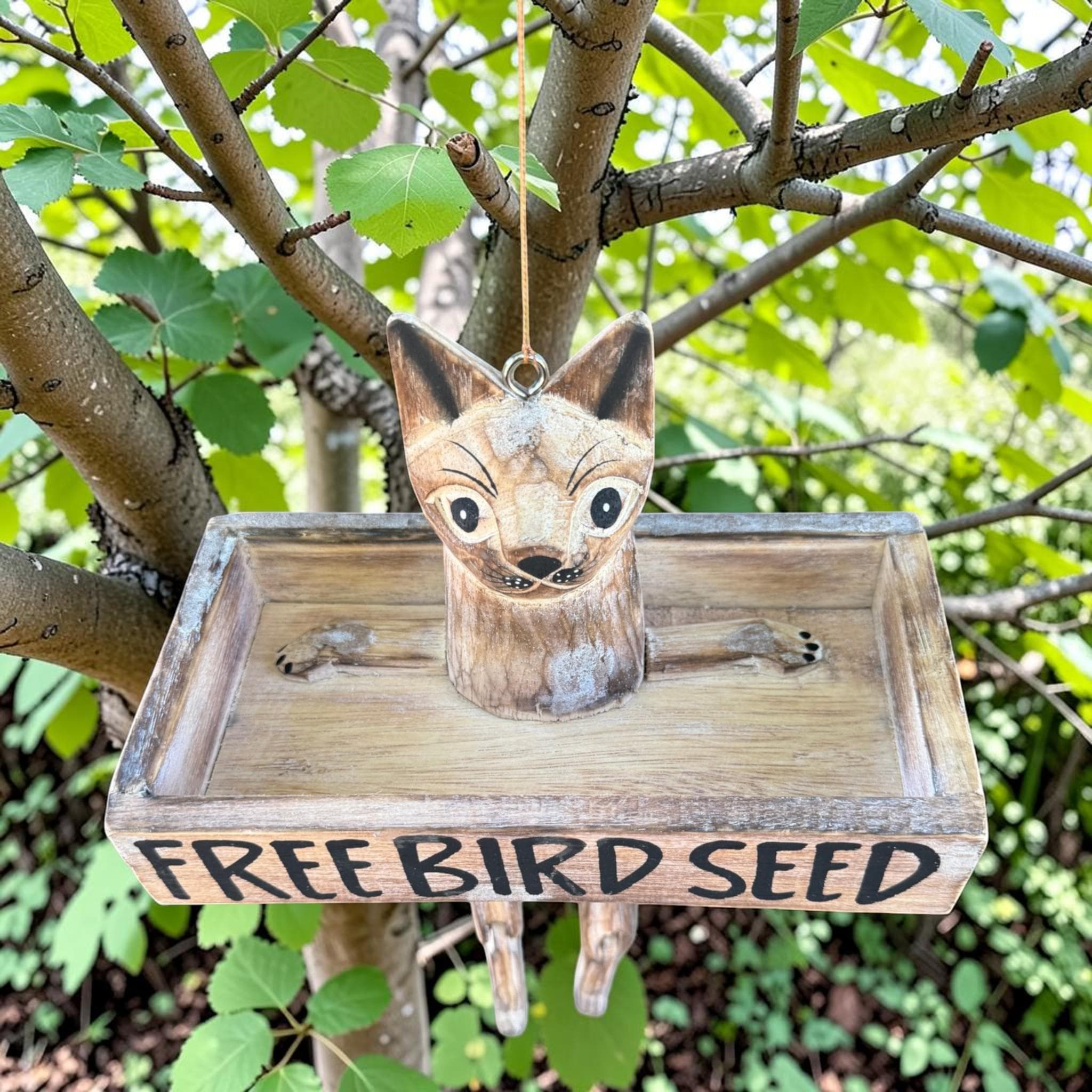 Funny Cat Wooden Bird Feeder – “Free Bird Seed” Rustic Garden Decor - Thumbnail 3