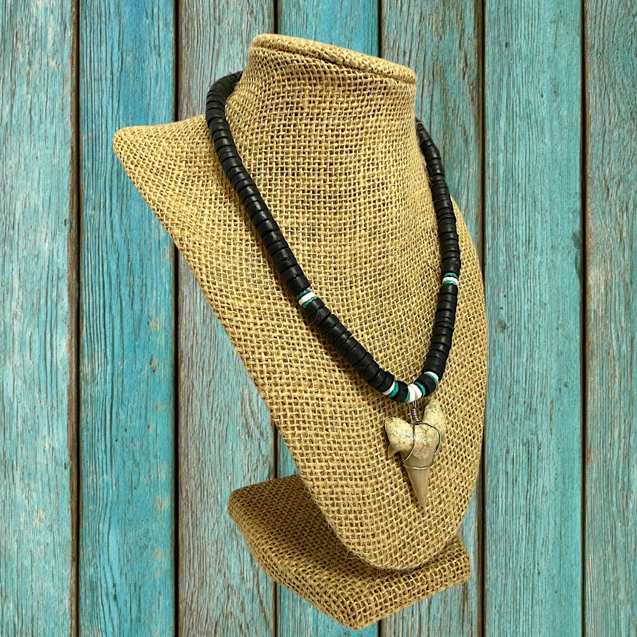 Shark Tooth Necklace | 18" Coastal Boho Shell Bead Surf Pendant - Thumbnail 3