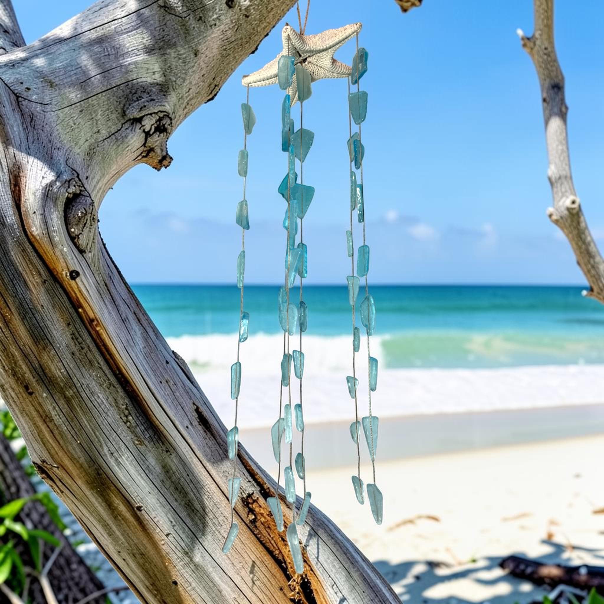 Sea Glass Wind Chime with Starfish – Coastal Beach Decor – Handmade Blue & White Hanging Mobile – Nautical Outdoor Wind Chimes - Thumbnail 3