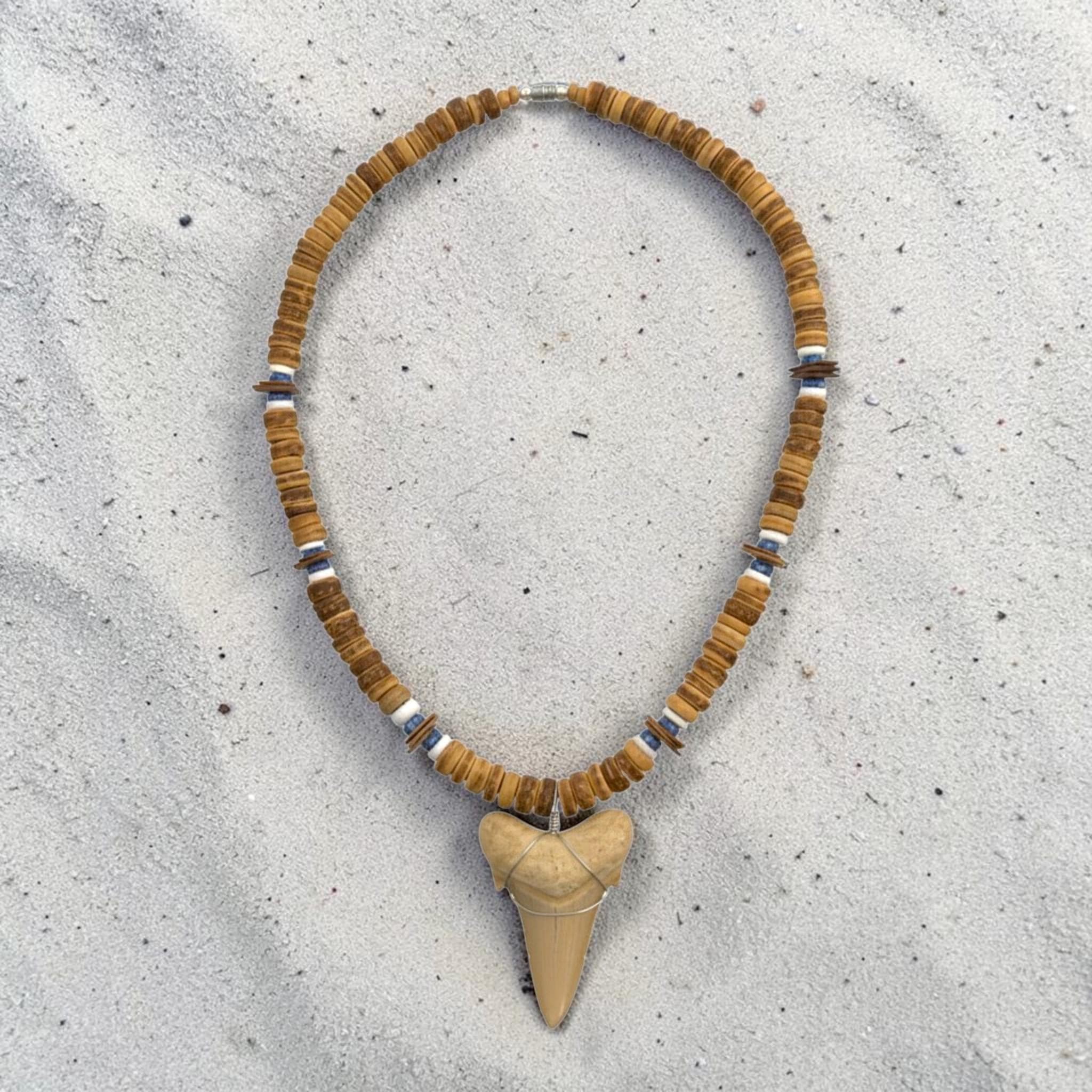 Shark Tooth Necklace | 18" Coastal Boho Shell Bead Surf Pendant - Thumbnail 2