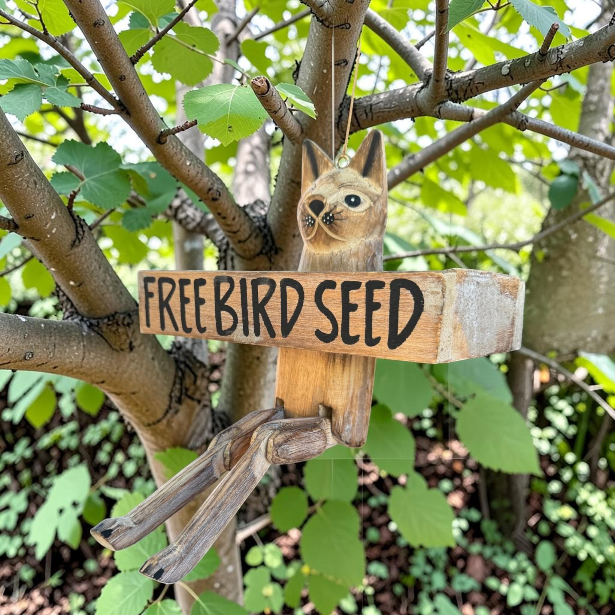 Funny Cat Wooden Bird Feeder – “Free Bird Seed” Rustic Garden Decor - Thumbnail 4