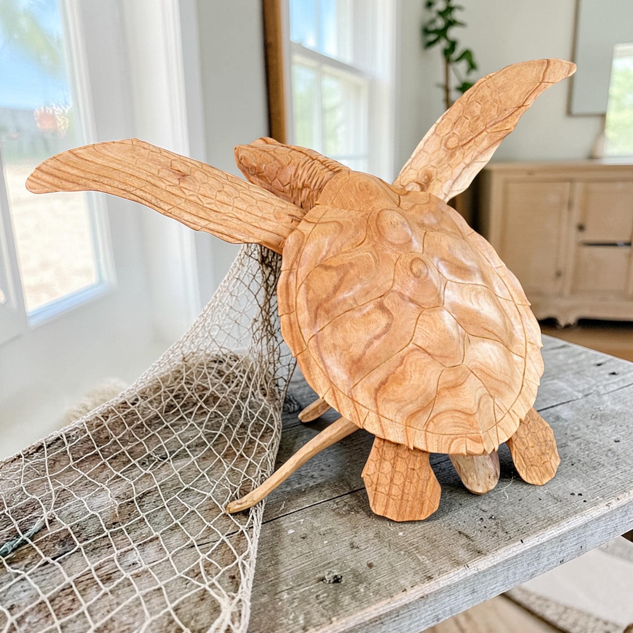Hand Carved Wooden Sea Turtle Sculpture on Driftwood – Bali Coastal Beach Decor Statue - Thumbnail 2