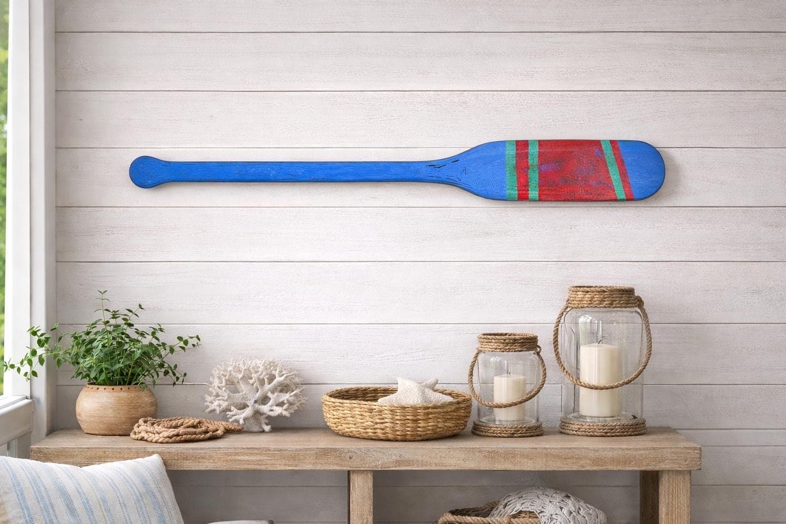 Handcrafted Blue Decorative Boat Oar | Distressed Coastal Nautical Wall Hanging