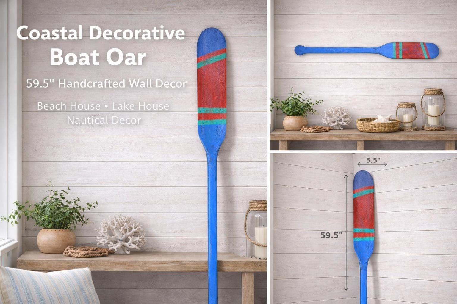 Handcrafted Blue Decorative Boat Oar | Distressed Coastal Nautical Wall Hanging - Thumbnail 2