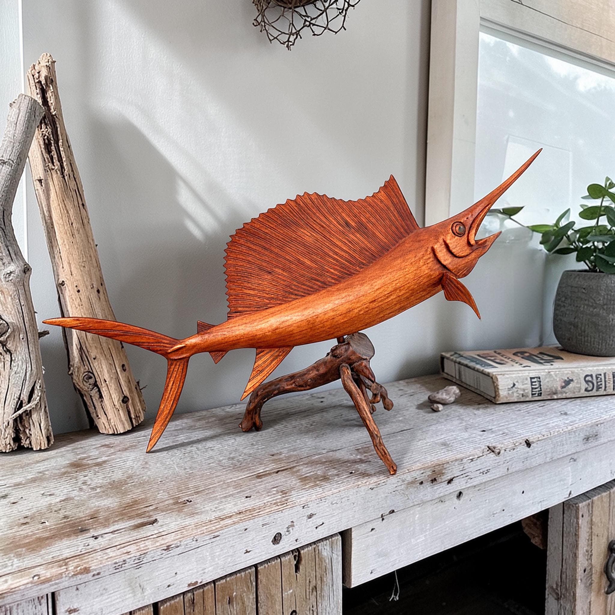 Hand Carved Wooden Sailfish Statue on Driftwood | Bali Artisan Coastal Decor