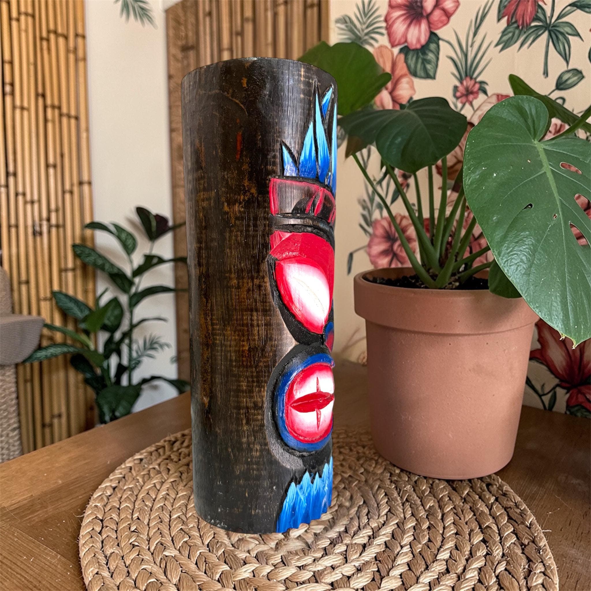 Hand Carved Wooden Tiki Statue, Hand-Painted Tropical Decor Accent - Thumbnail 2