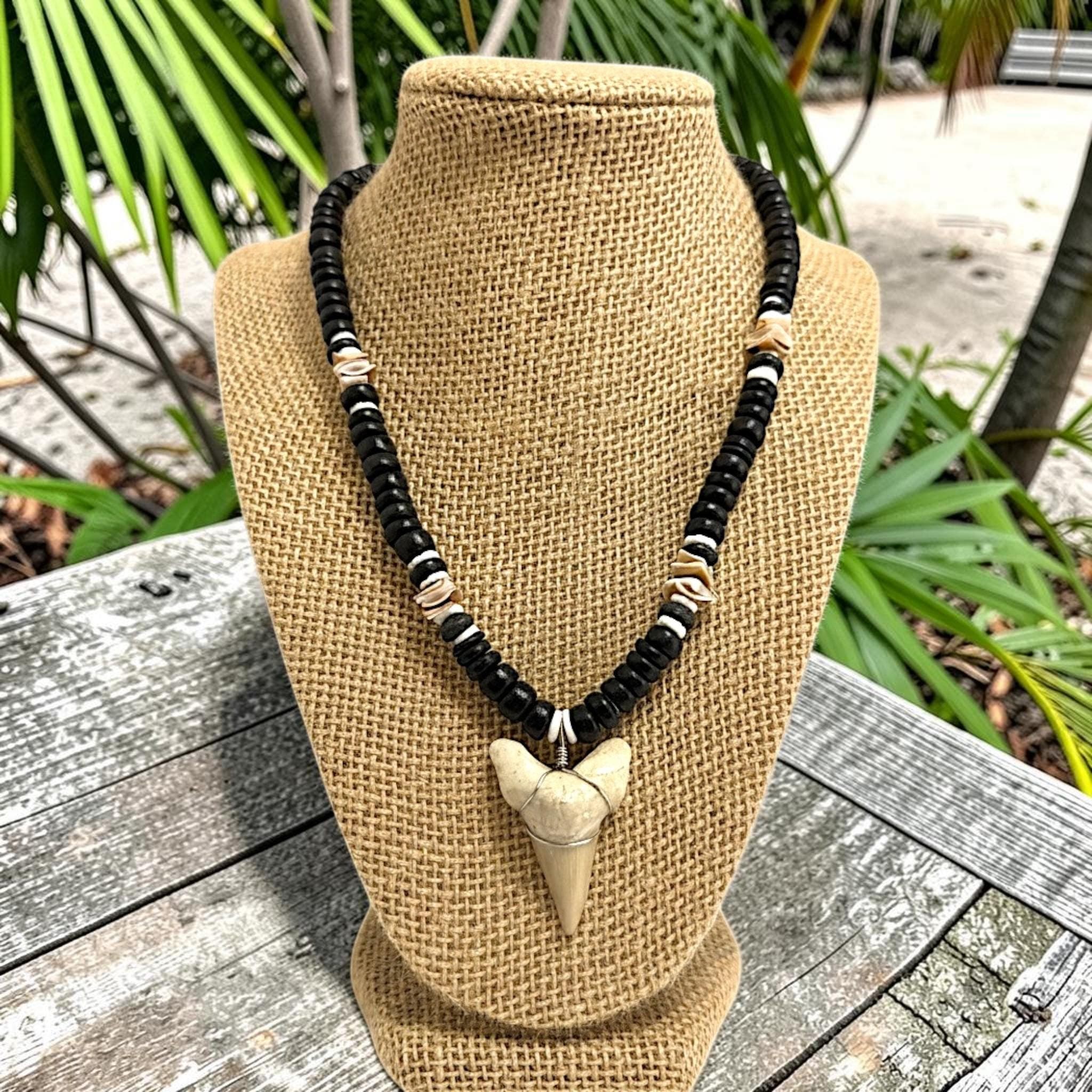 Shark Tooth Necklace | 18" Coastal Boho Shell Bead Surf Pendant - Thumbnail 2